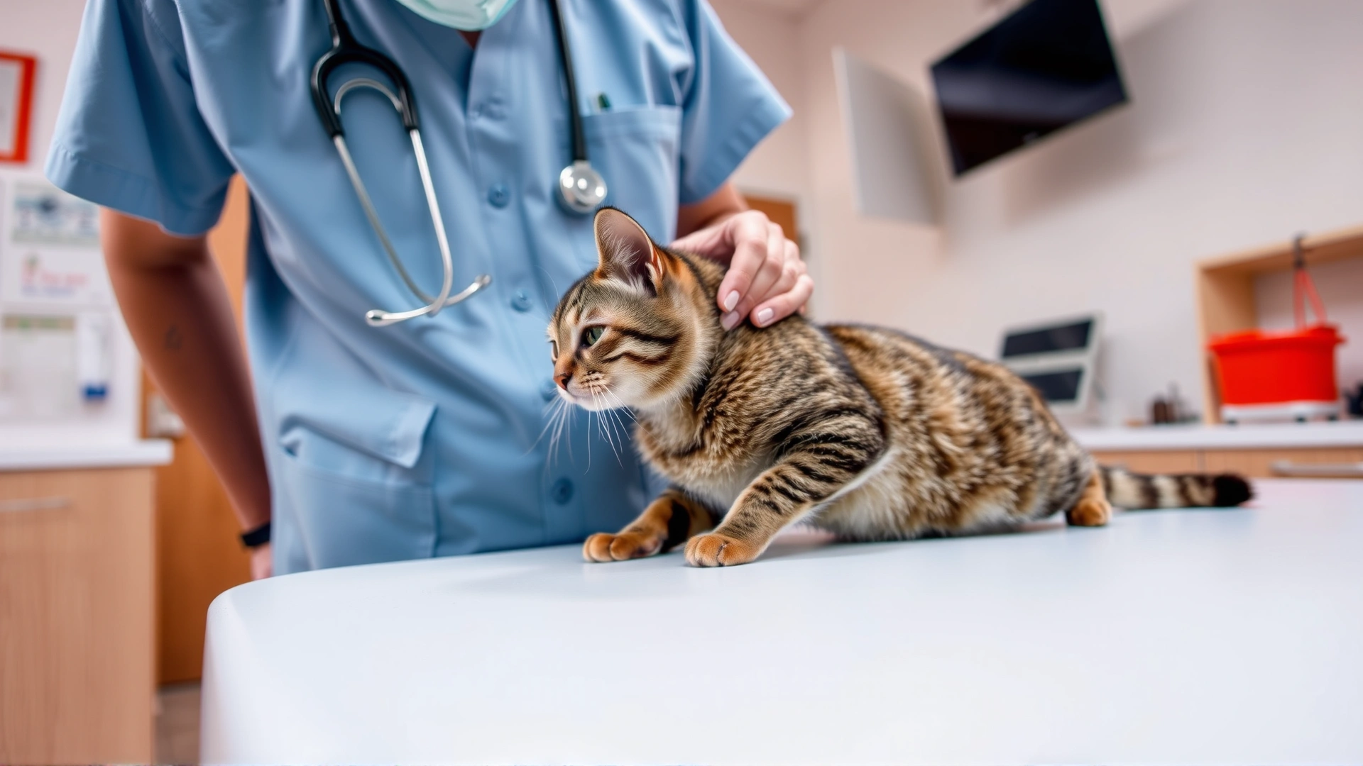 Wide-angle image of a veterinarian gently examining a cat’s spine on an examination table, conveying care and professionalism in a bright clinic.