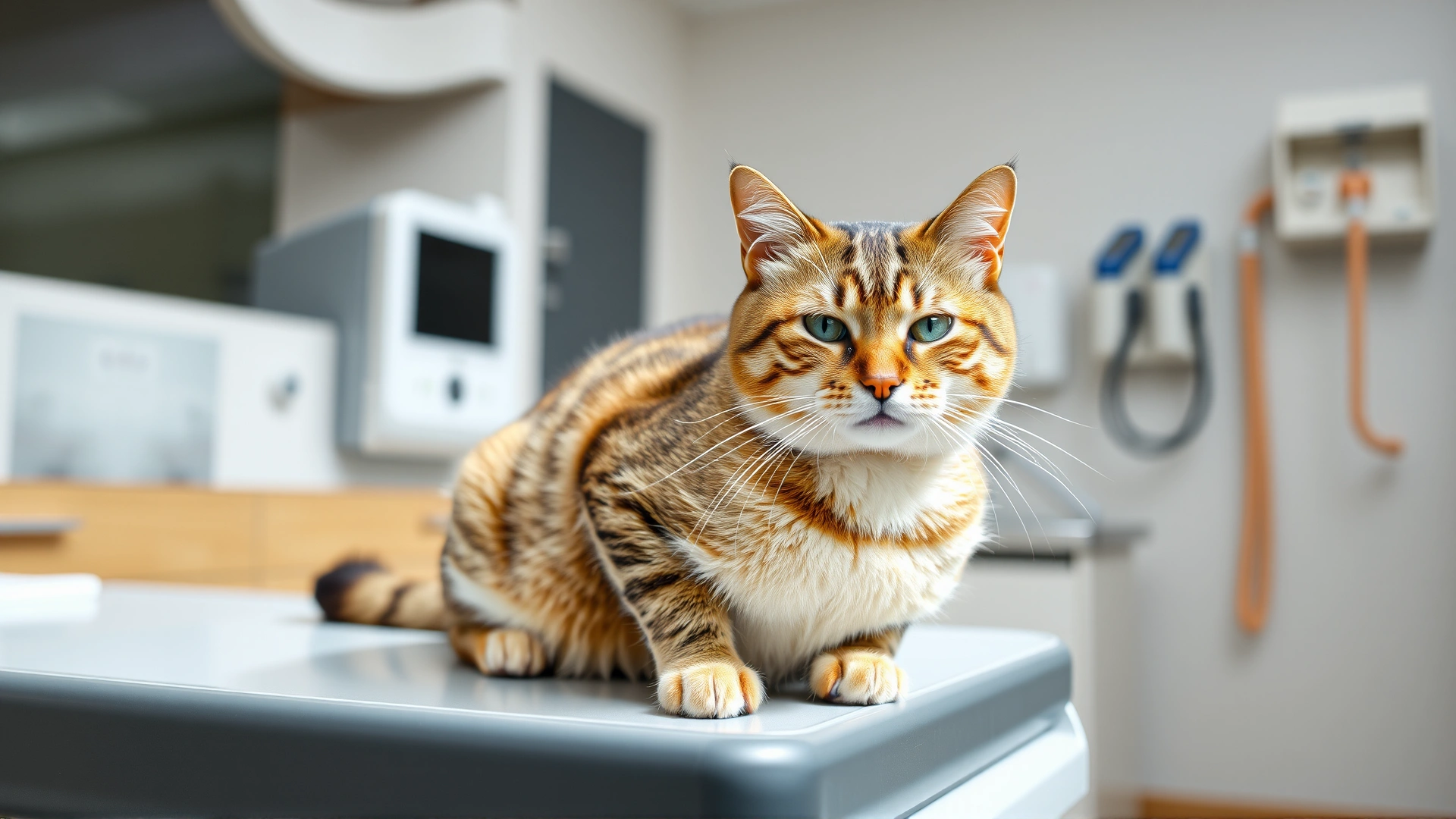 Wide hero shot of a calm cat with a slightly swollen belly sitting on a modern vet clinic table, bright natural lighting, vet equipment blurred in background.