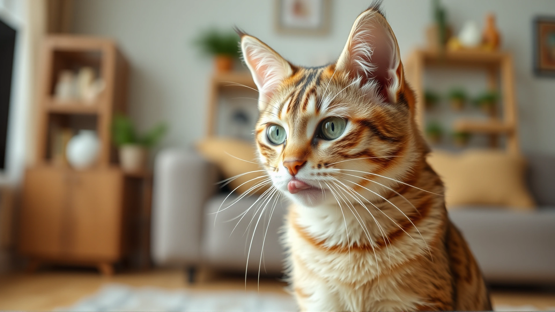 Wide banner image of a concerned domestic cat gently licking its side, blurred cozy living room background, bright and clean aesthetic