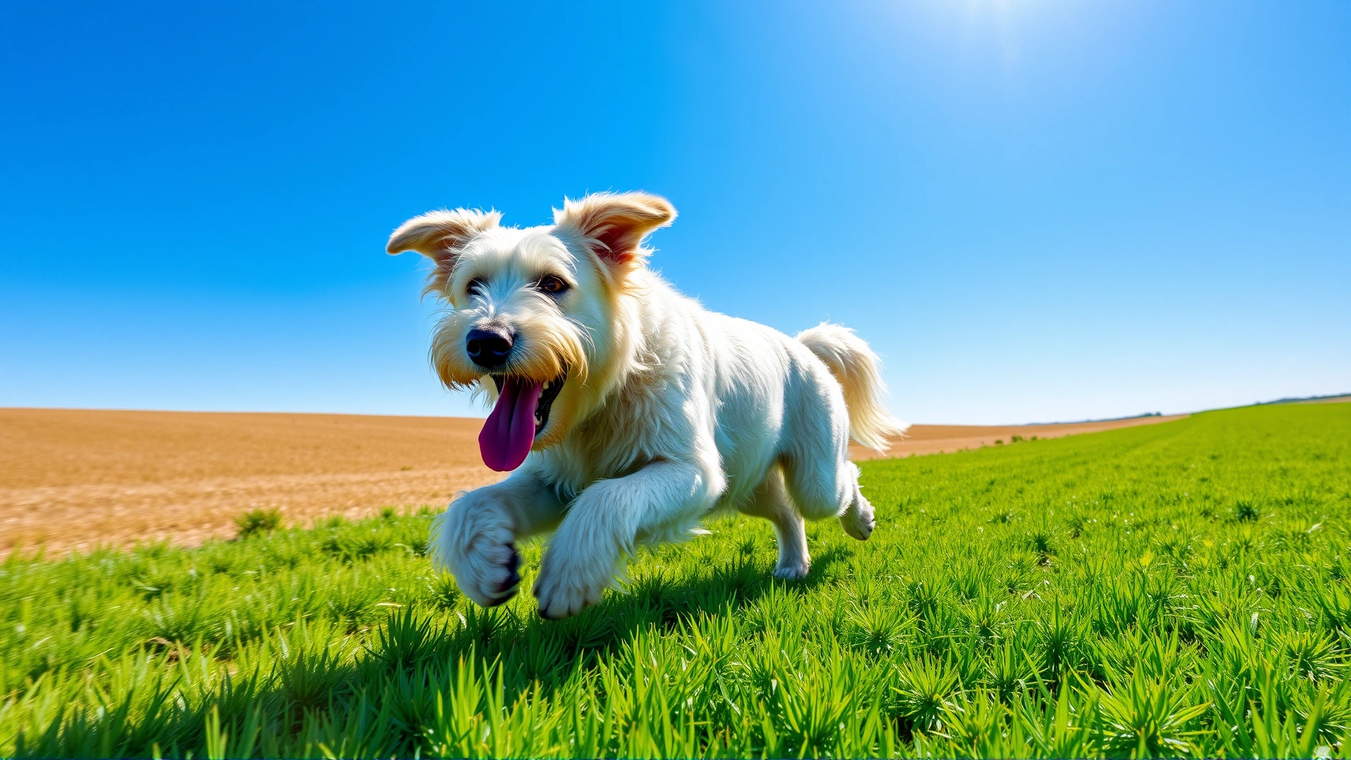 Dynamic shot of a Kuvasz running across a lush green field under a bright blue sky, ears flapping and tongue out, conveying energy and freedom, no text