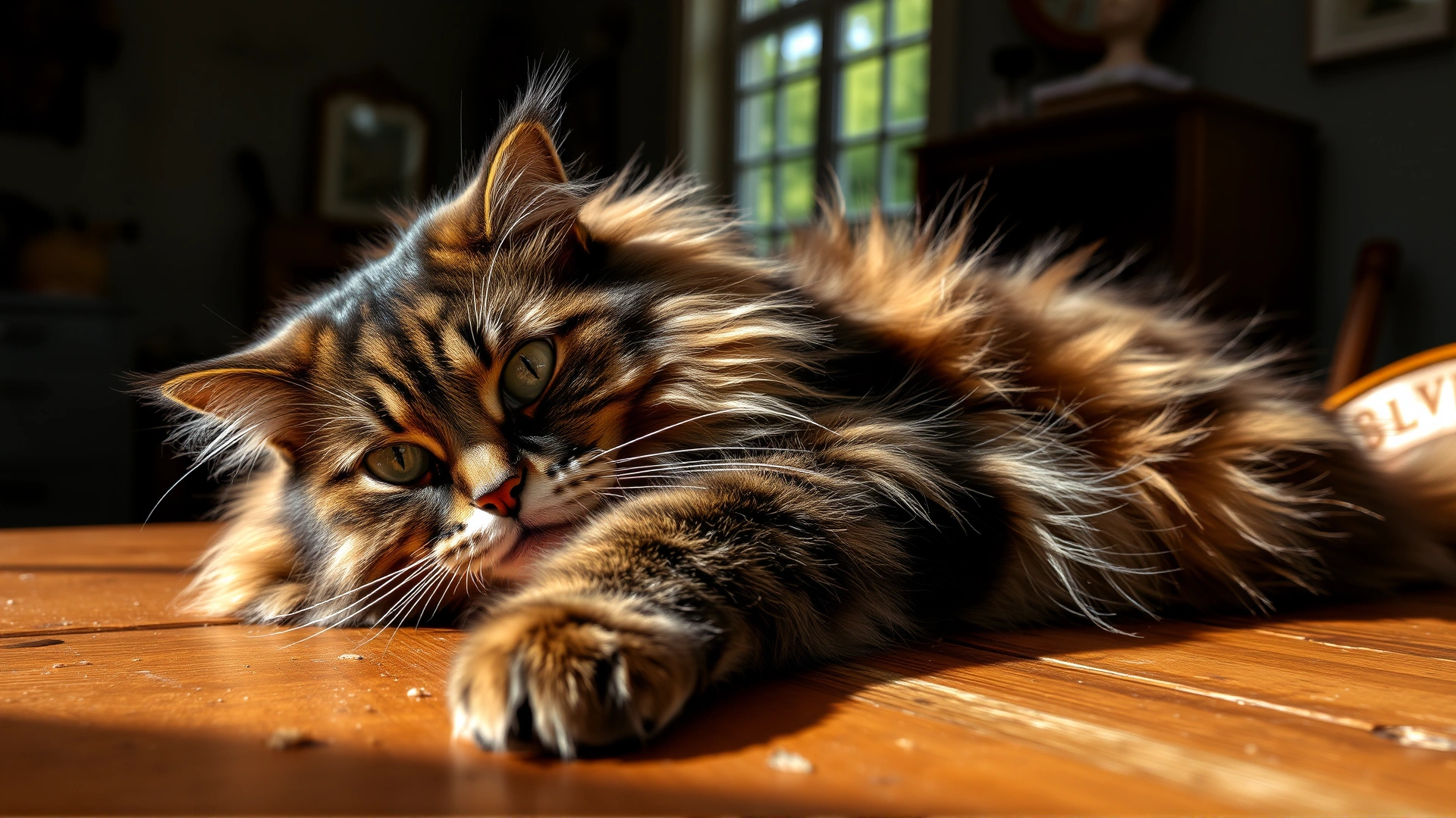 Close-up of a majestic Maine Coon cat stretching on a rustic wooden table with soft natural light, emphasizing its large size and fluffy fur.