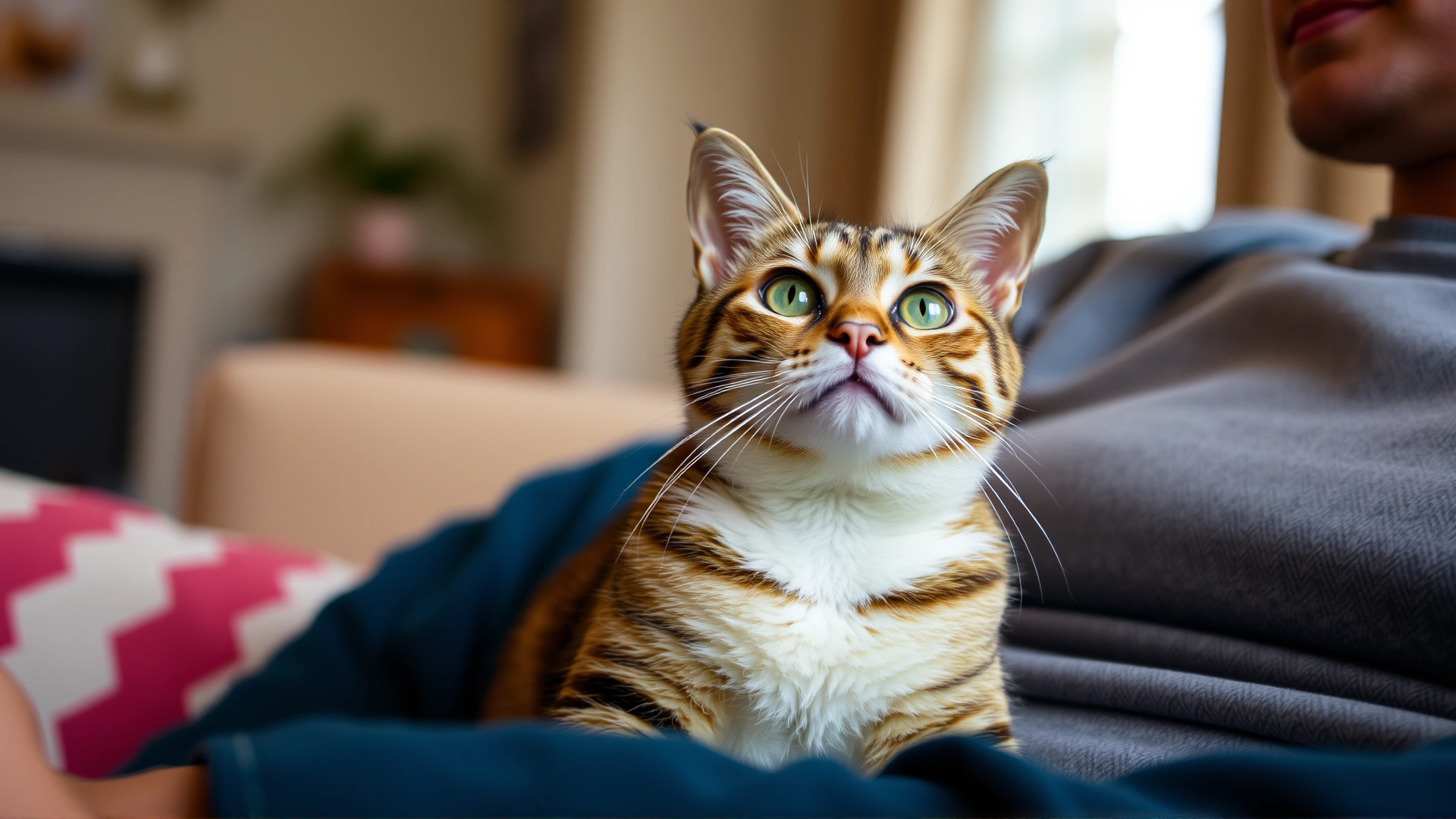 A curious tabby cat sitting on a sofa while its owner gently says its name, warm living-room ambiance, high-resolution photo