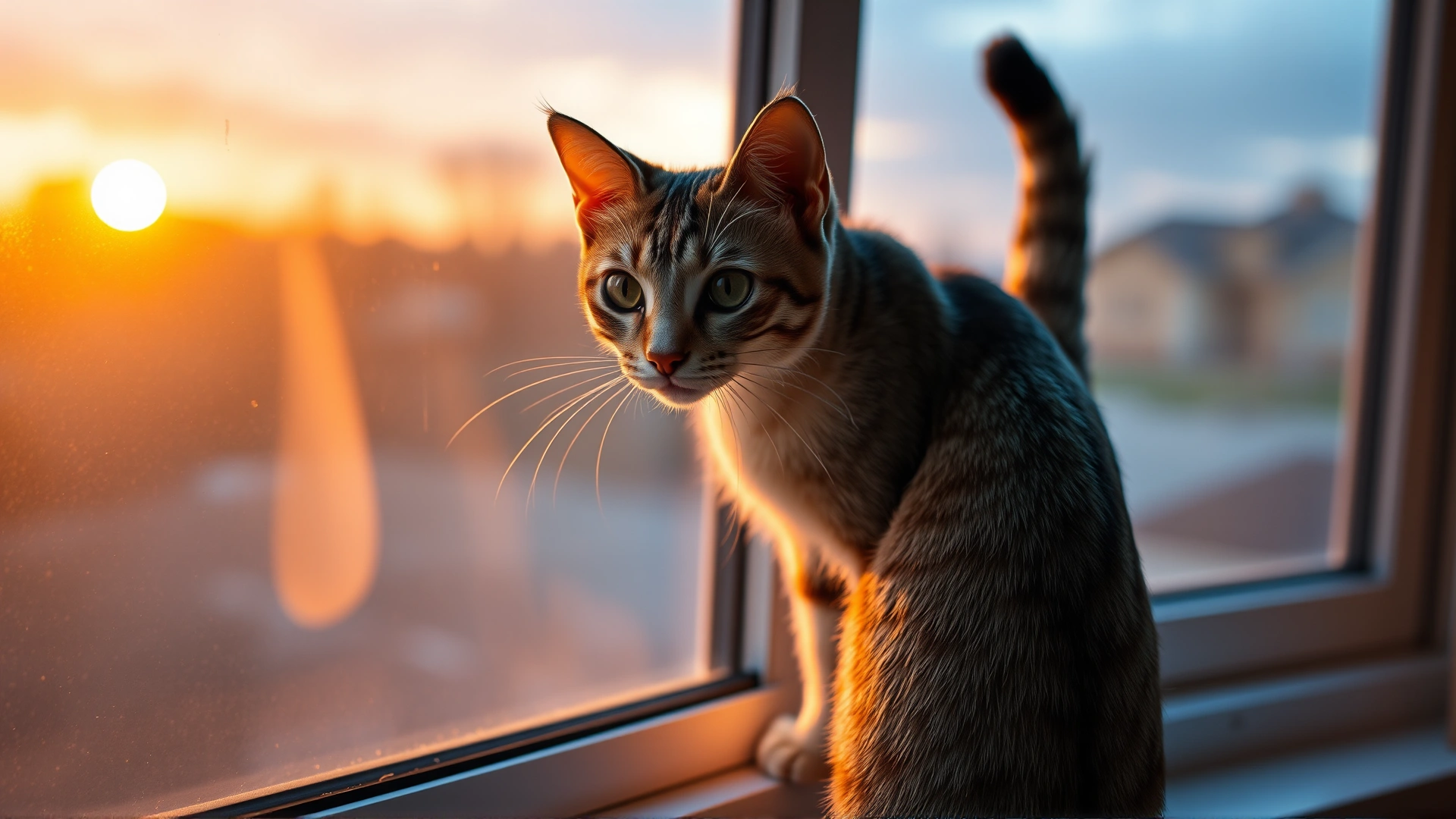 Wide-angle shot of a restless female cat standing on a windowsill at dusk, tail raised, warm golden backlight emphasizing her alert posture, mood of anticipation.