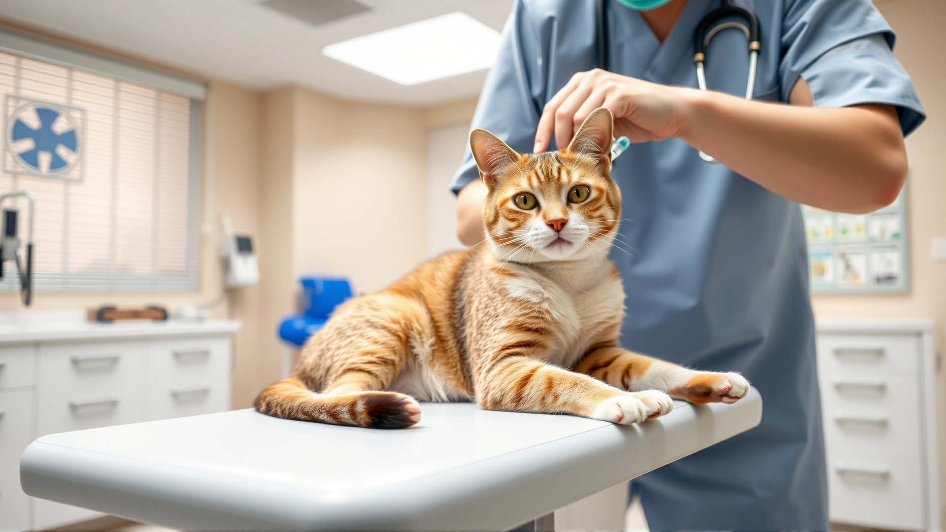 Wide horizontal image of a veterinarian gently vaccinating a calm domestic short-haired cat on an examination table in a bright modern clinic