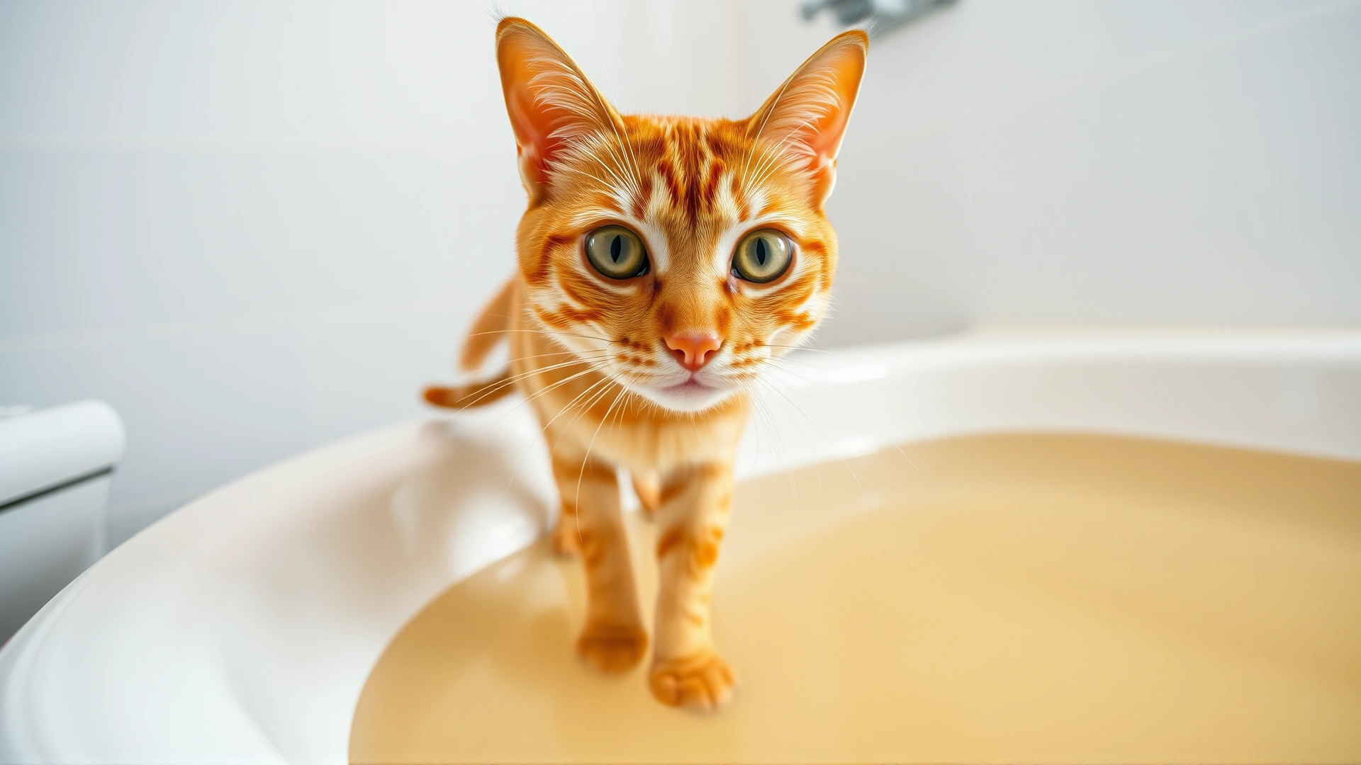 Wide angle photo of a curious orange tabby cat standing on the edge of a bathtub filled with shallow warm water, bathroom tiles blurred in the background, bright and inviting atmosphere.
