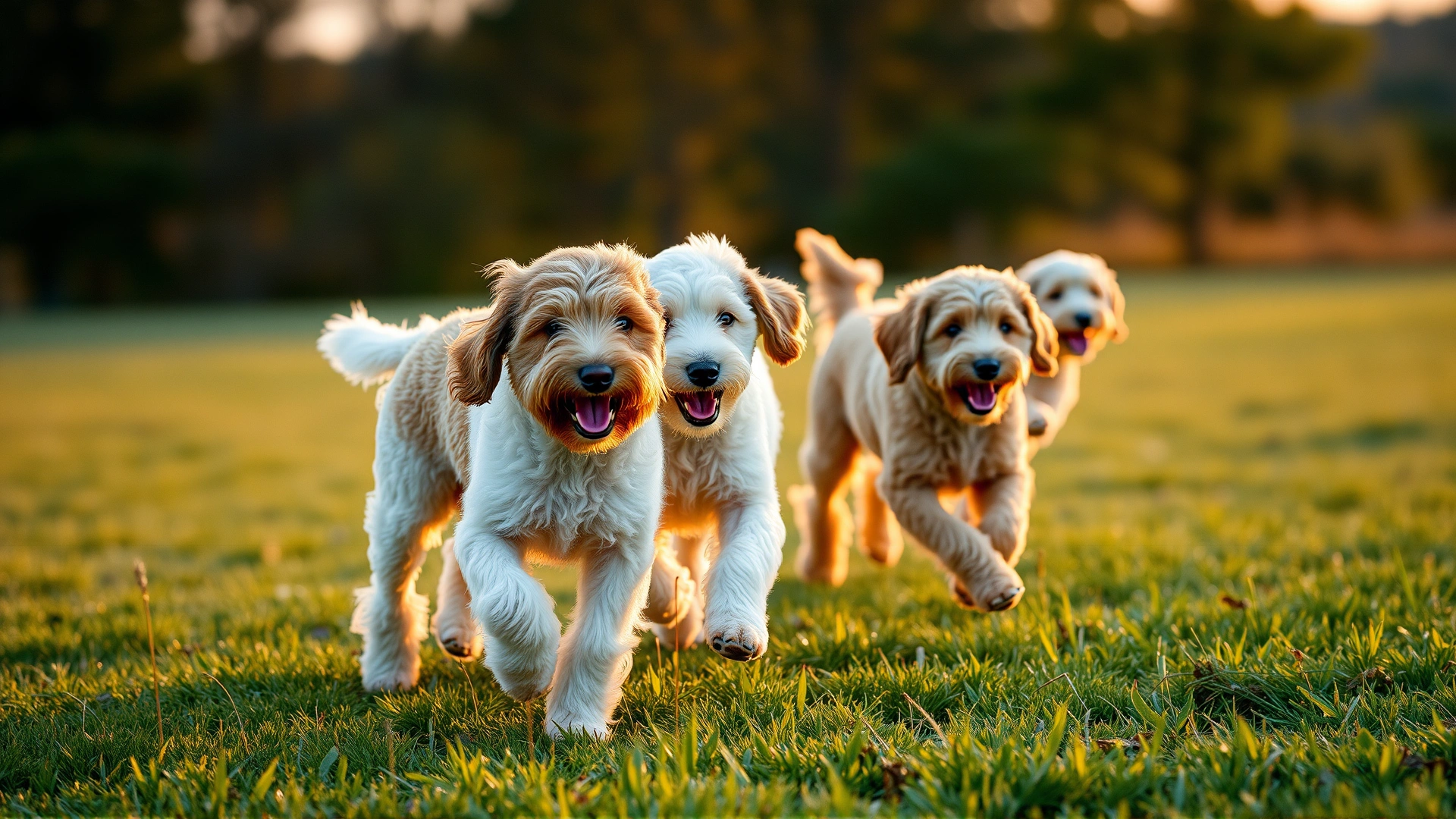 A group of Labradoodles of different coat colors running across a grassy field at sunset, action shot, warm golden light.