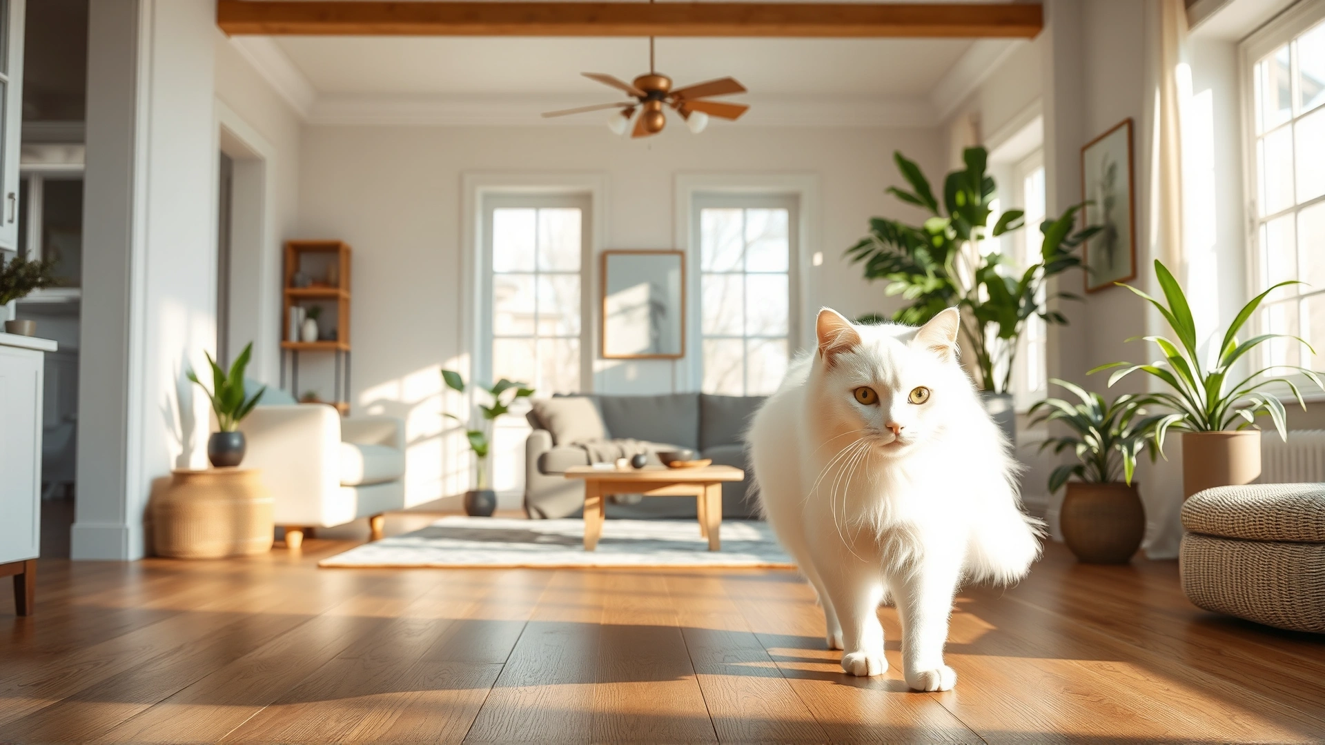 Elegant wide shot of a pure white cat walking through a sun-lit living room with wooden floors and green plants, airy and modern, no text