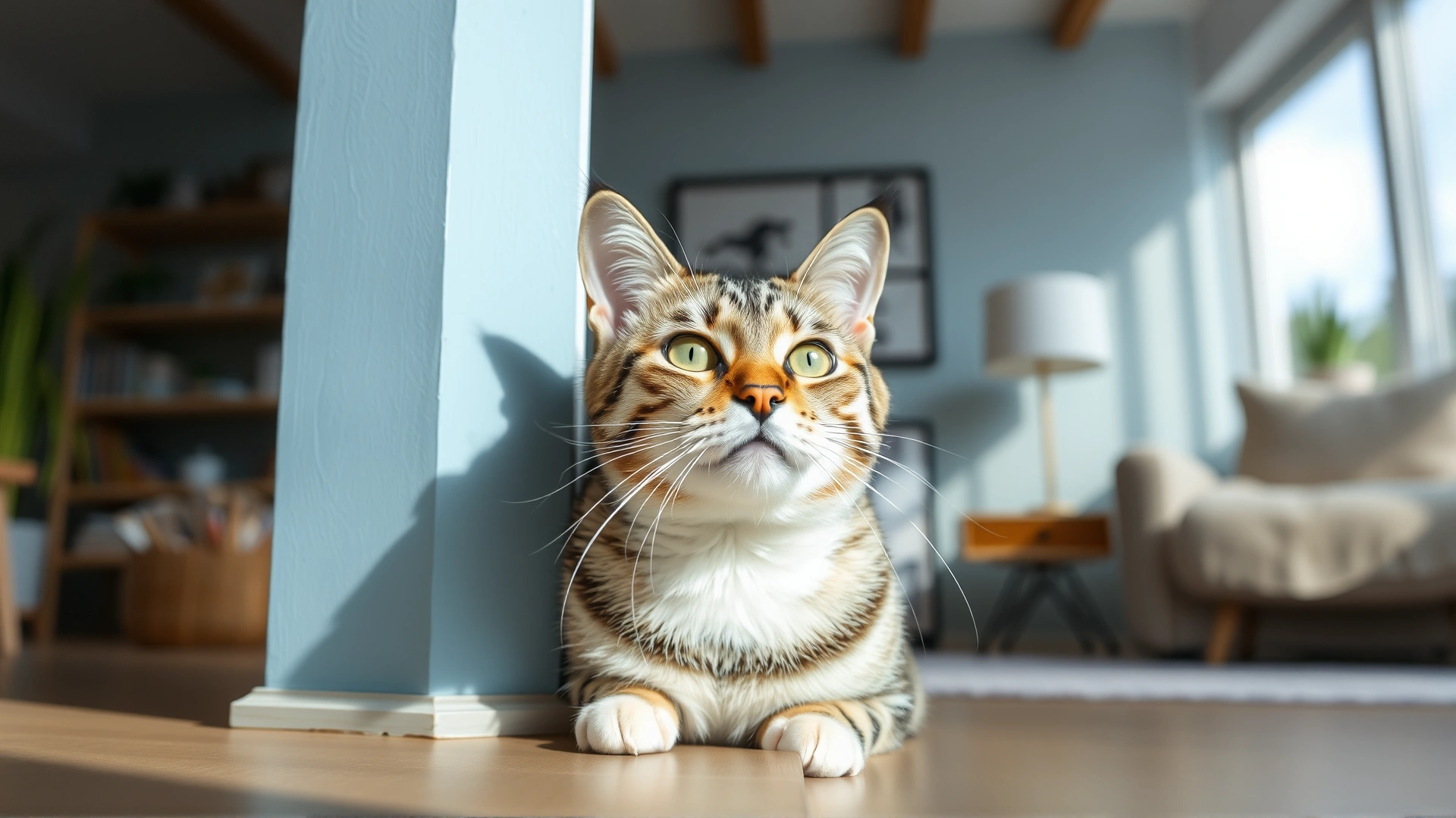 A horizontal hero image of a domestic tabby cat pressing its head against a pale blue wall in a bright living room; soft natural light, shallow depth of field, no text.