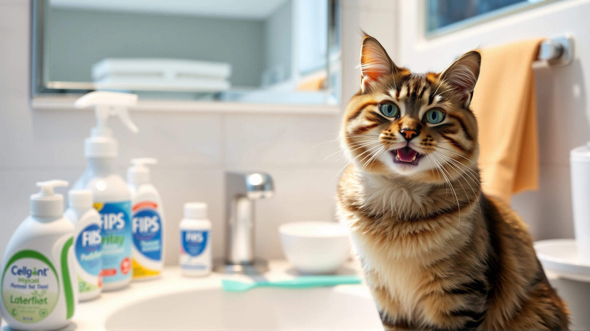 Happy domestic shorthair cat sitting on bathroom counter next to various cat dental care products, bright modern background