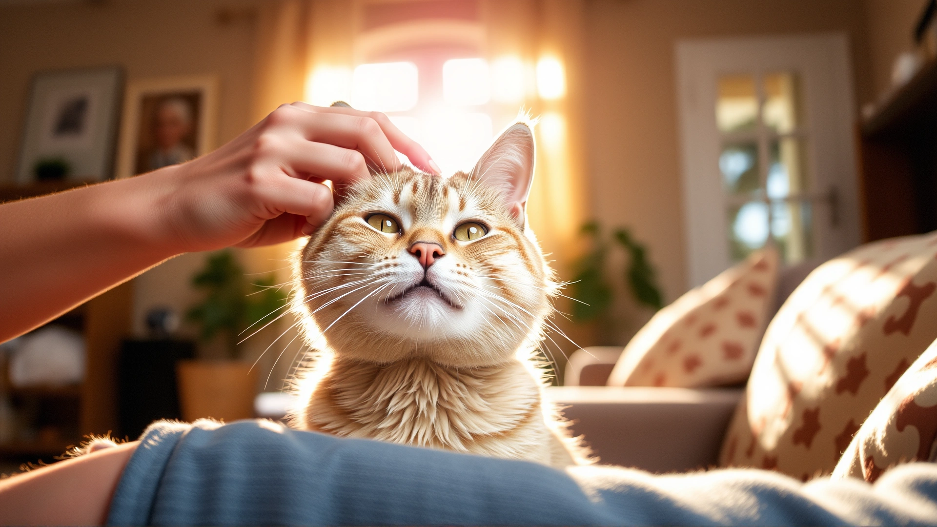 A cheerful senior cat being gently brushed by its owner in a cozy living room filled with warm sunlight