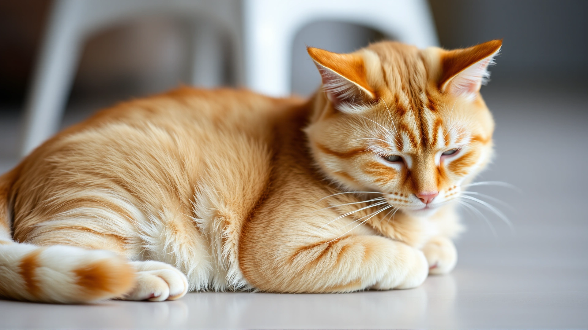 High-quality photo of a calm orange tabby cat resting with its tail curled near its hindquarters, subtle depth-of-field, evoking the topic of digestive health.