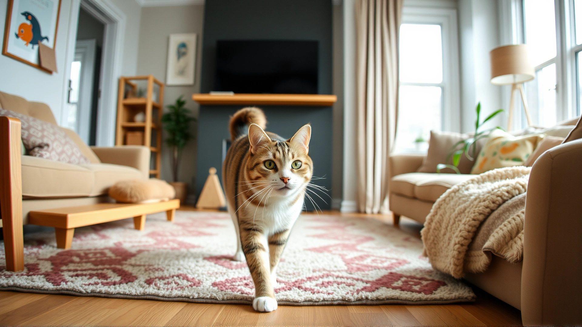 Wide-angle shot of a happy senior cat exploring a bright living room that features soft rugs and pet-friendly furniture