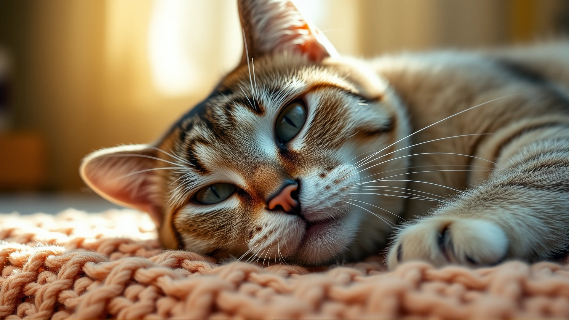 Close-up portrait of a serene senior domestic short-haired cat lying on a soft knitted blanket with warm natural lighting, depth of field focused on the cat’s expressive eyes.