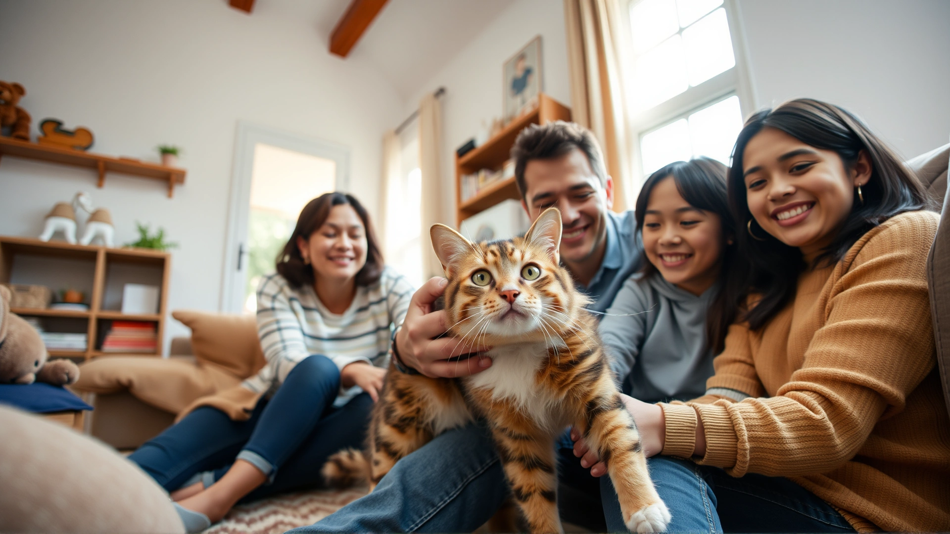 Wide-angle shot of a cheerful family interacting with their cat in a well-lit living room, conveying harmony between humans and felines.