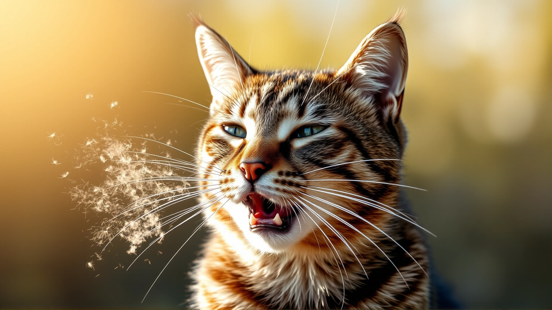 Domestic short-haired tabby cat mid-sneeze with dust particles floating in warm sunlight, illustrating feline allergies.