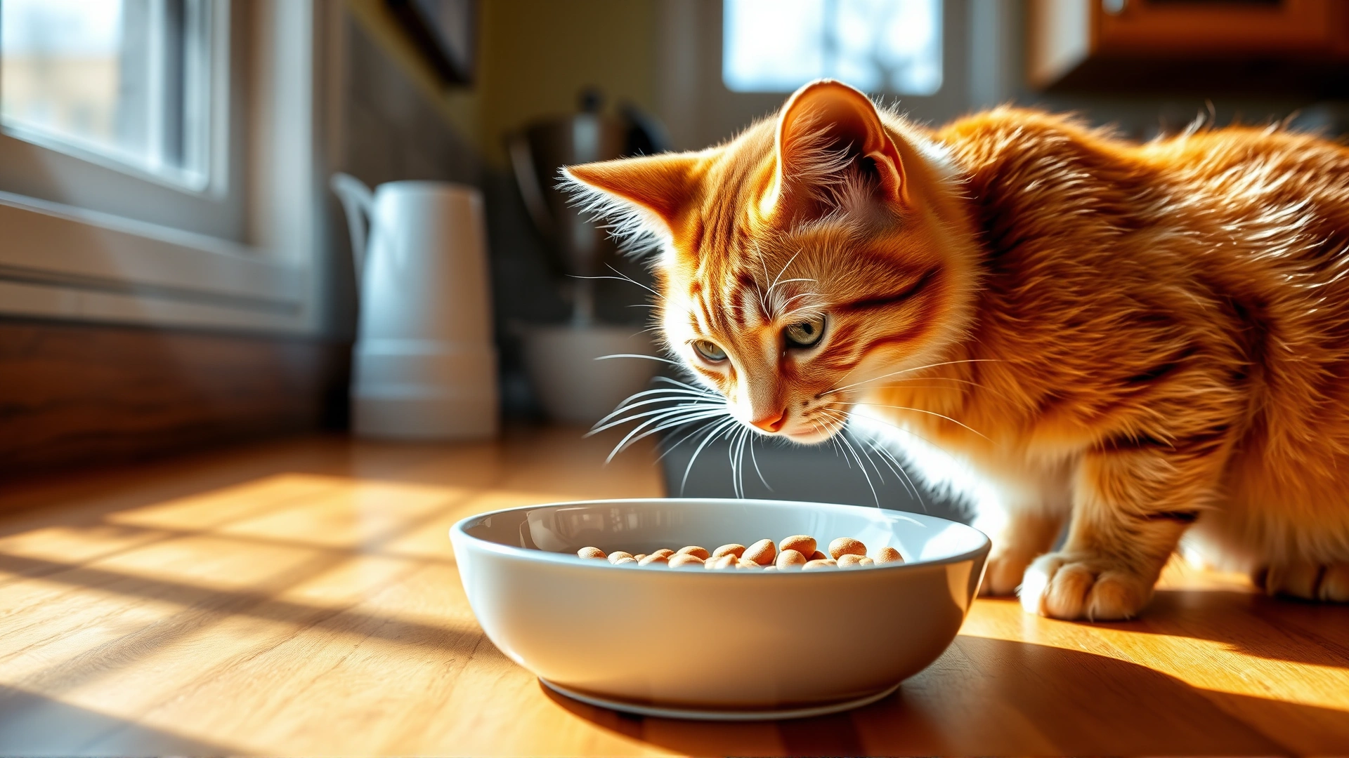 Wide banner shot of a curious orange tabby cat sniffing a bowl of limited-ingredient wet food placed on a wooden countertop, with soft morning light streaming through a window.