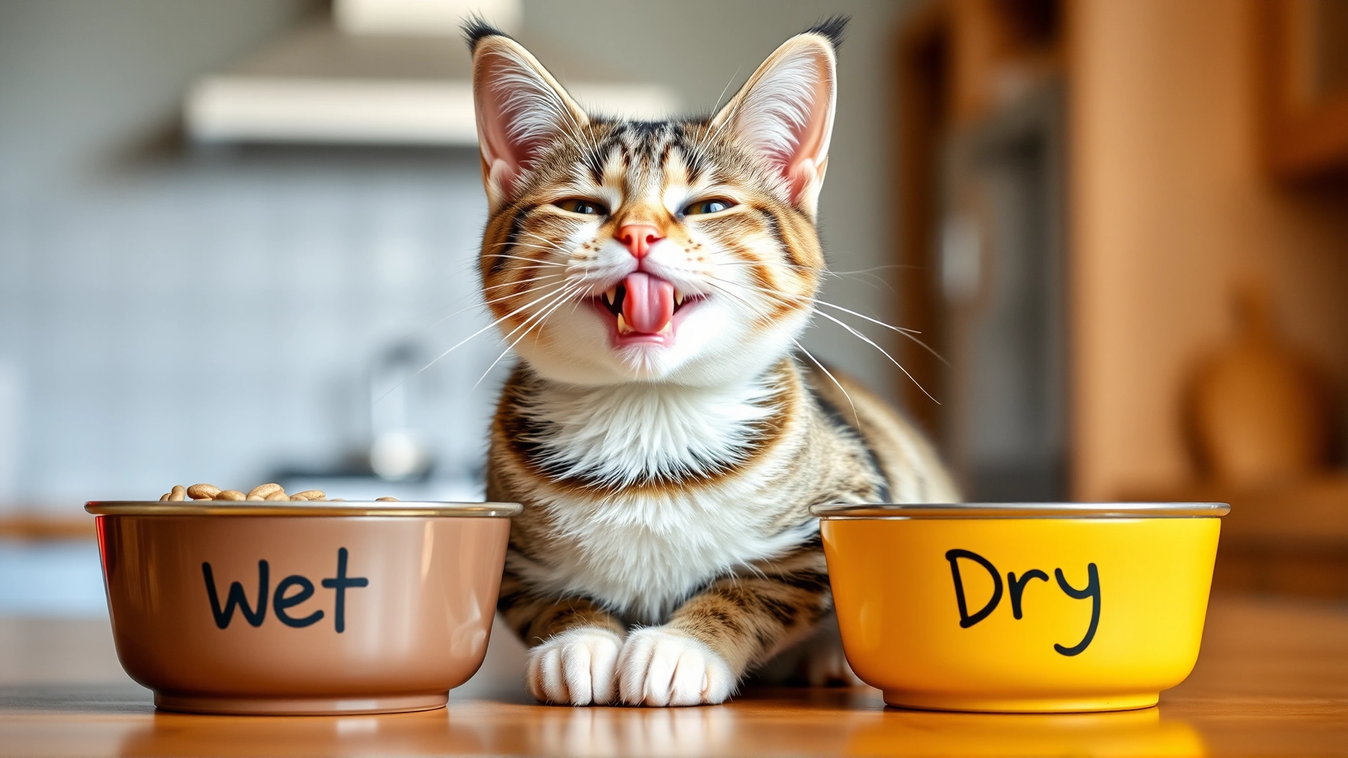 Happy tabby cat licking its lips while sitting beside two bowls labeled wet and dry food, bright kitchen setting, bokeh background.