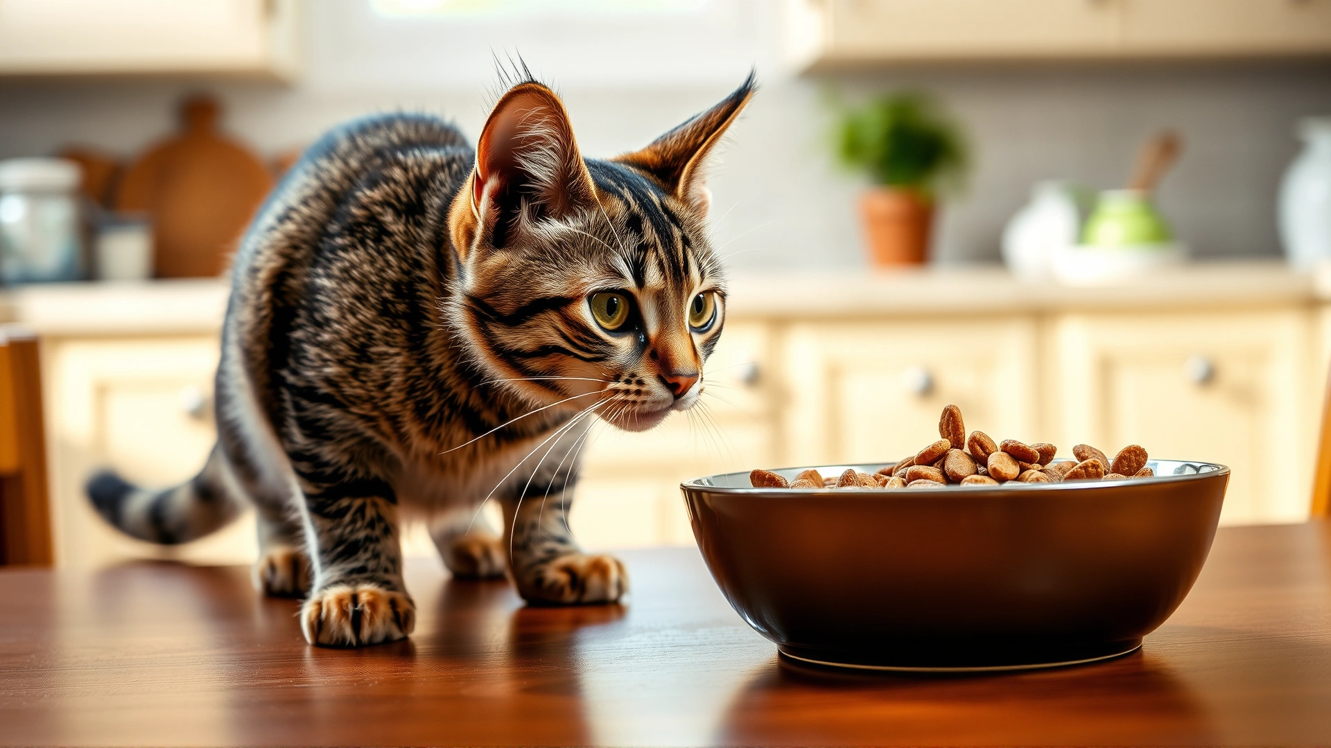 Close-up of a curious tabby cat sitting next to two bowls—one filled with kibble and the other with chunks of cooked chicken—symbolizing the protein choice.