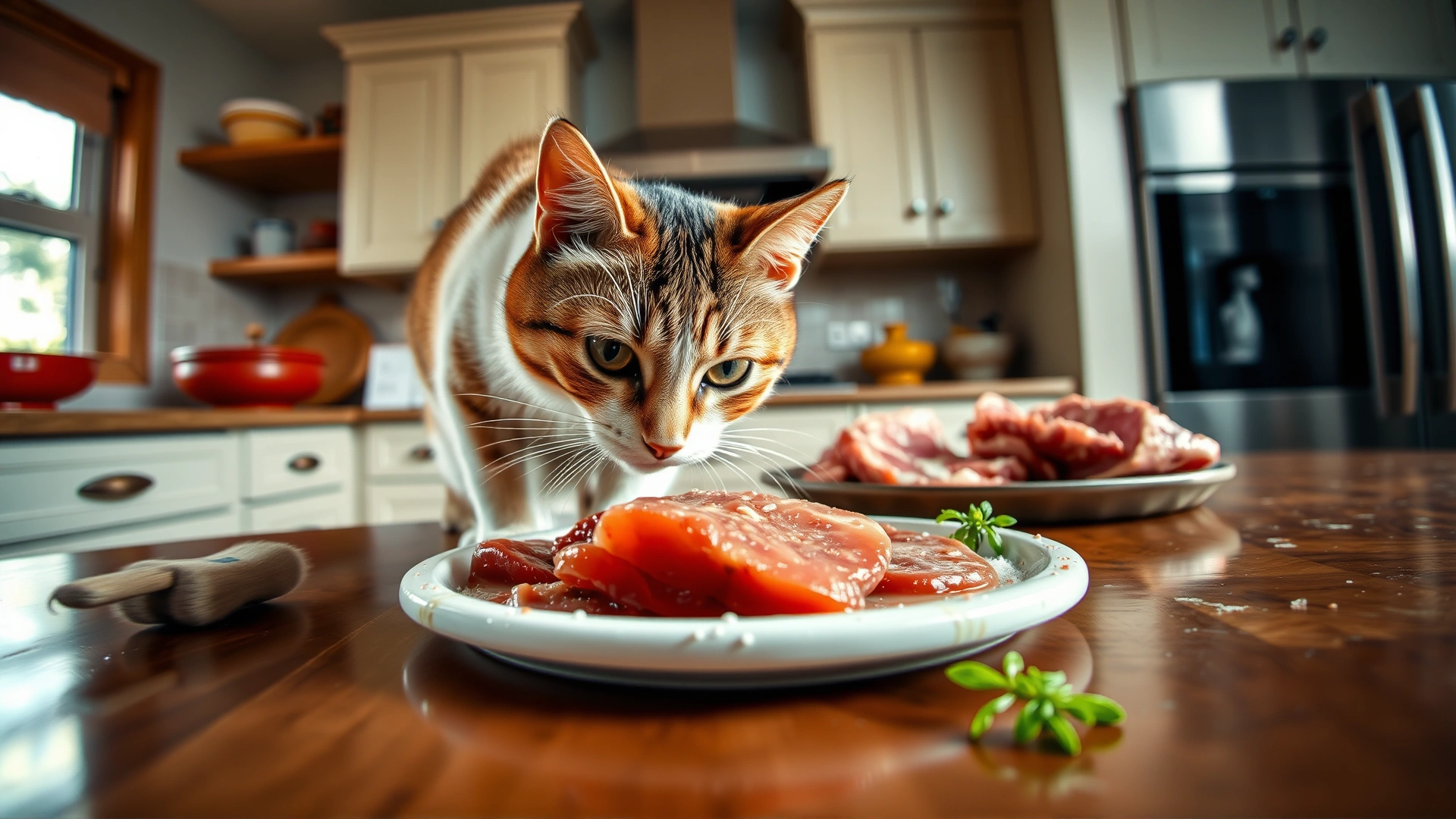 Wide-angle shot of a curious cat sniffing at a platter of assorted raw meats on a kitchen island, bright and inviting kitchen atmosphere