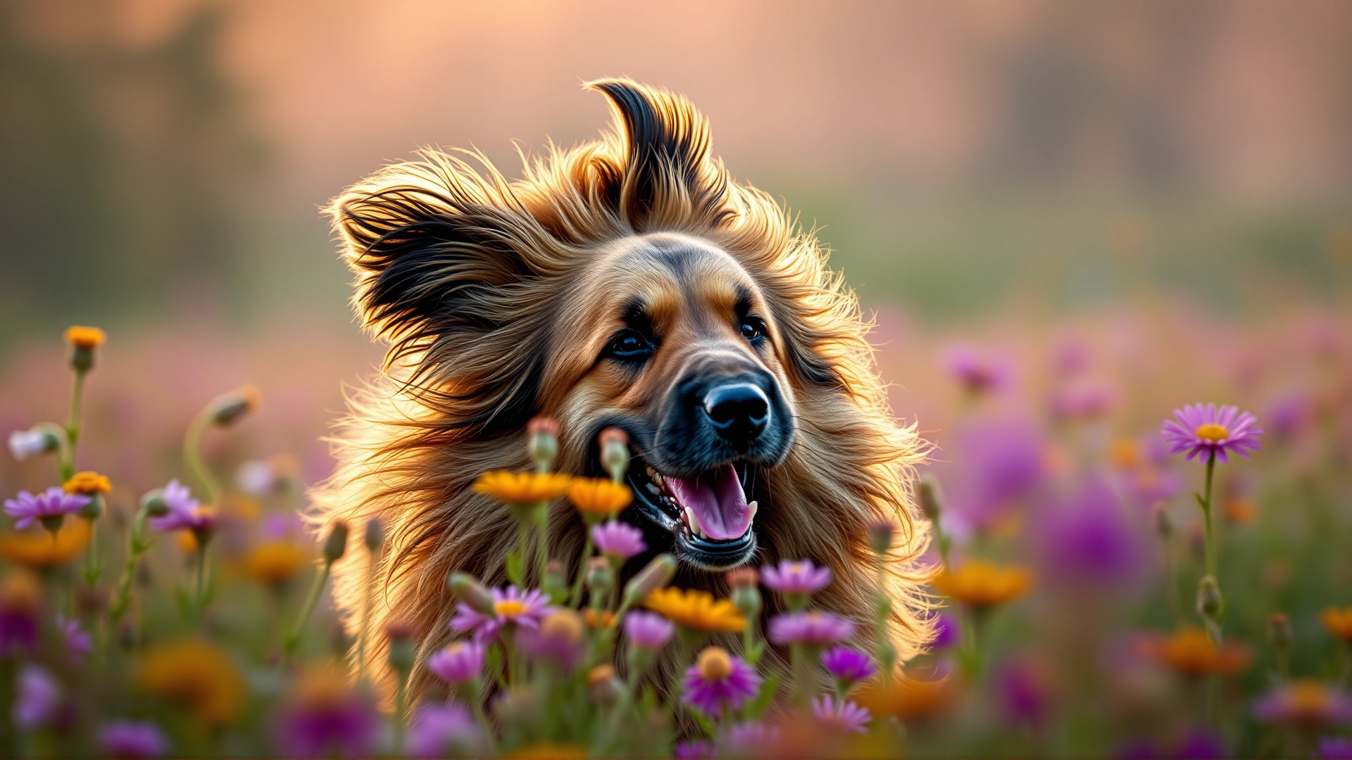 Close-up of an adult Leonberger running through a field of wildflowers during golden hour, ears flapping in the wind, vibrant colors