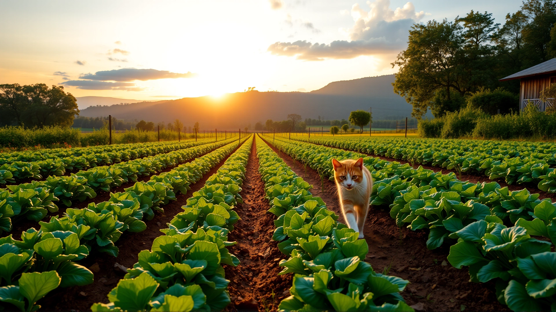 An idyllic green farm landscape at sunrise with rows of organically grown crops and a playful ginger cat walking along, vibrant colors