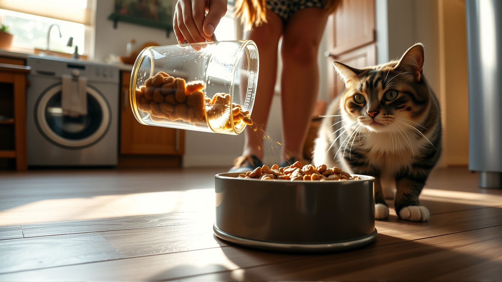 Wide-angle shot of a cat owner pouring holistic cat food into a bowl on a sunlit kitchen floor, with the cat watching eagerly.