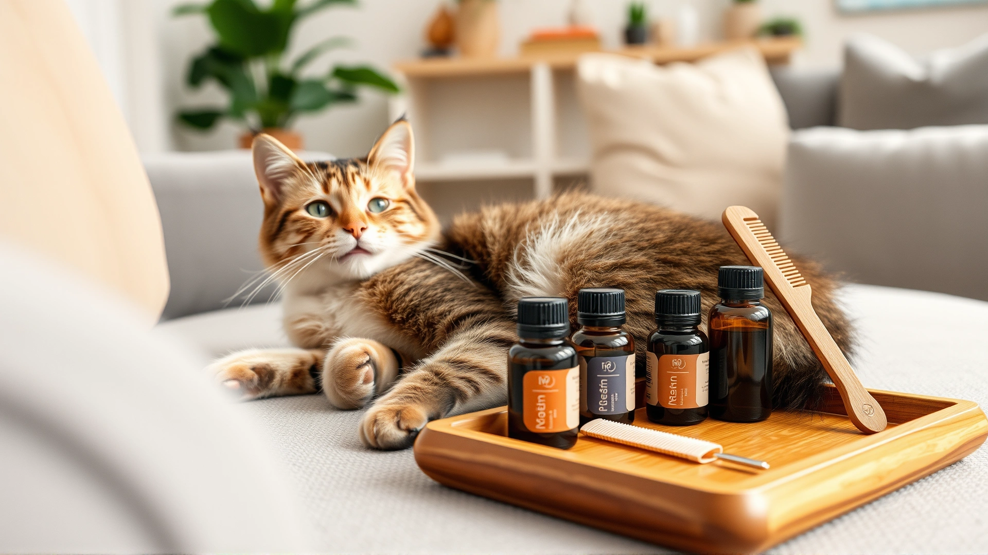 Wide shot of a happy indoor cat lounging on a couch next to a small wooden tray holding several essential oil bottles and a natural flea comb, bright airy living room