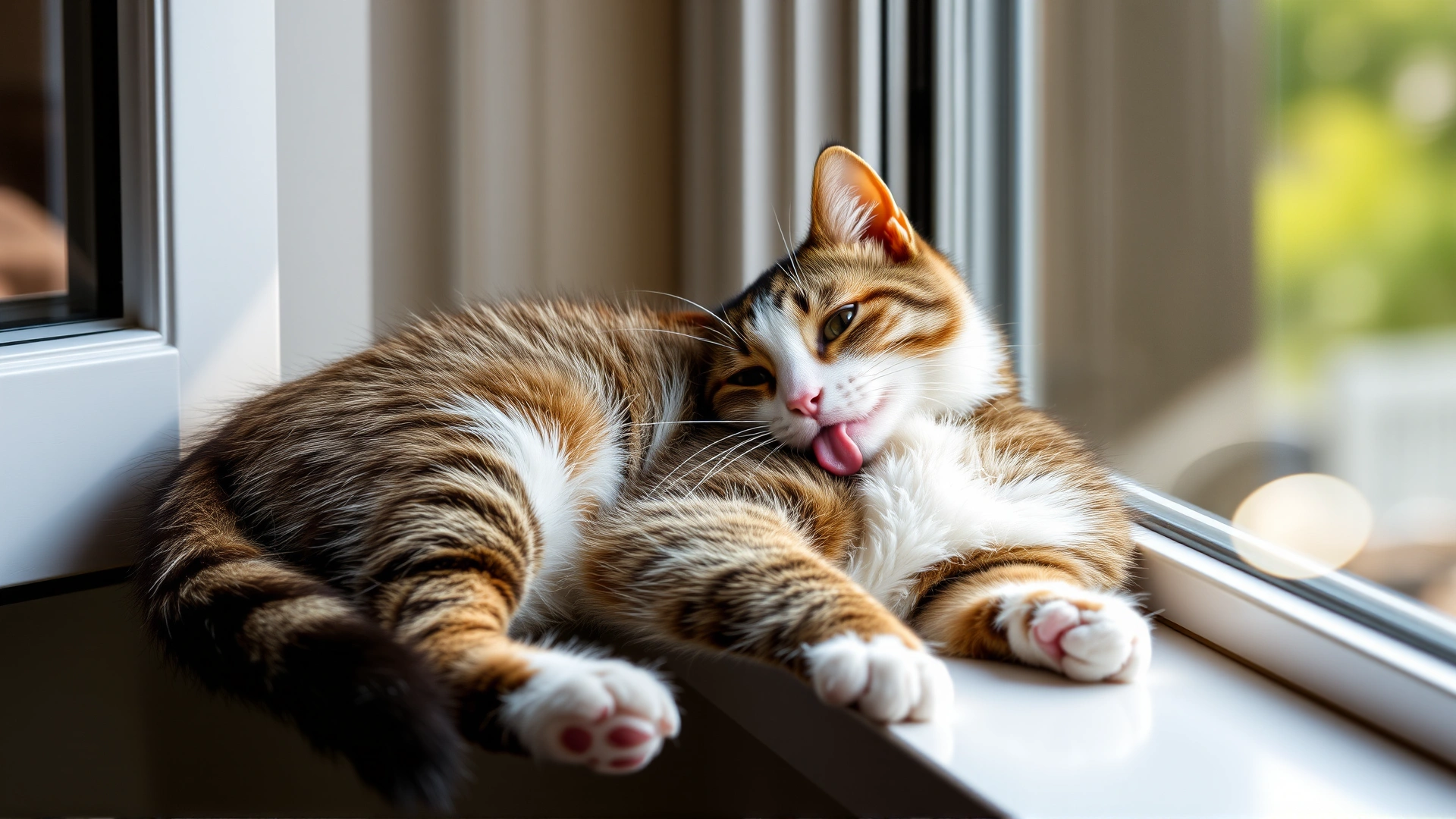 Domestic cat resting on a windowsill in gentle morning light while licking its chest fur, with soft-focus background.