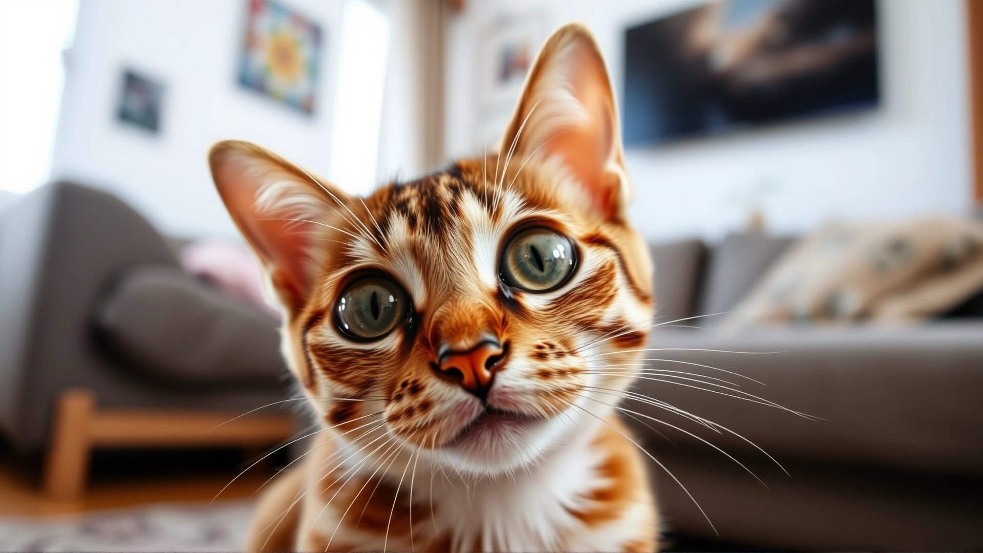 Close-up photo of a curious cat with wide eyes looking directly at the camera, bright natural light, blurred living-room background.