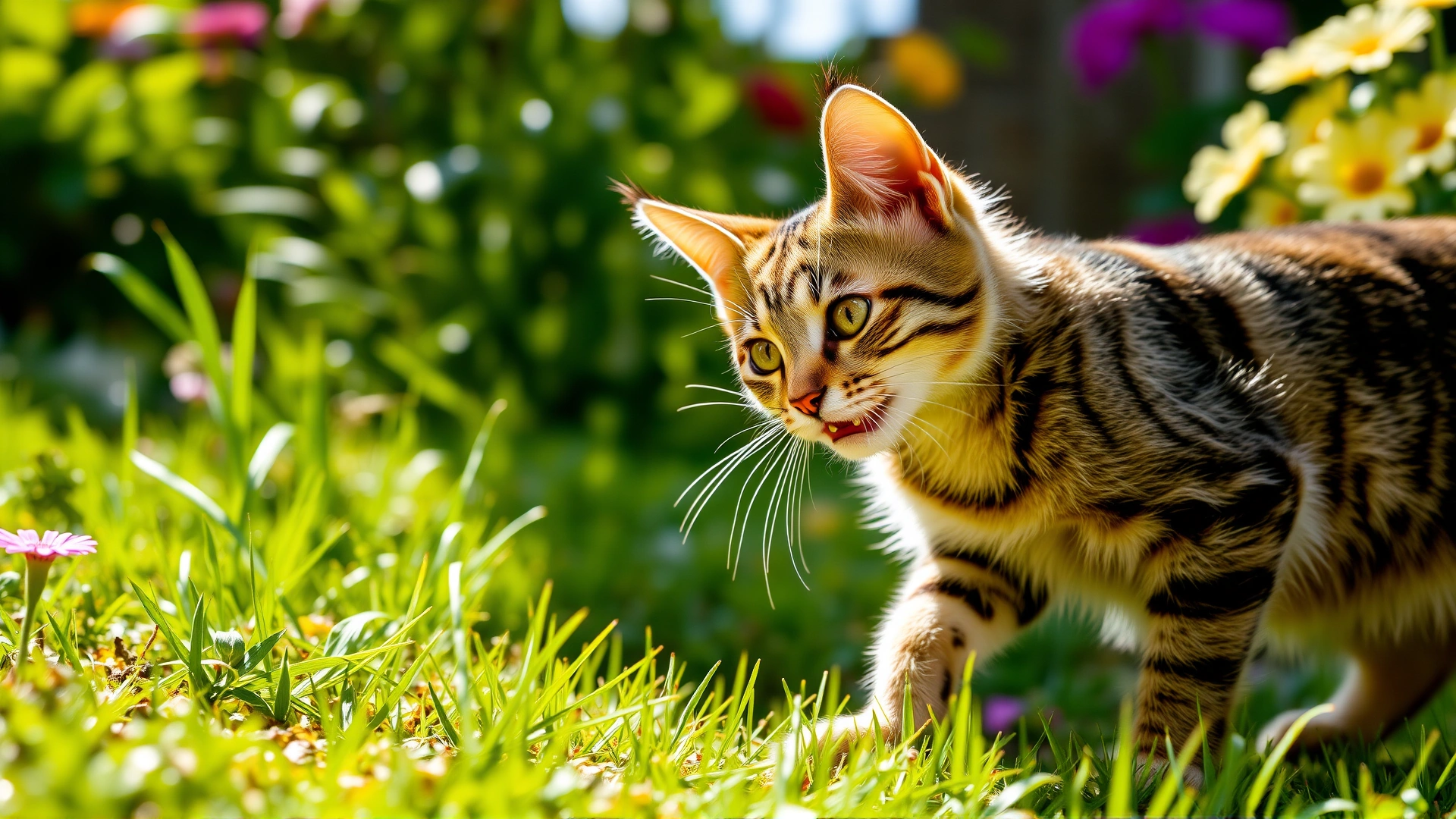 Playful tabby cat exploring a sunlit backyard garden, surrounded by green grass and flowers, captured in motion, no text.