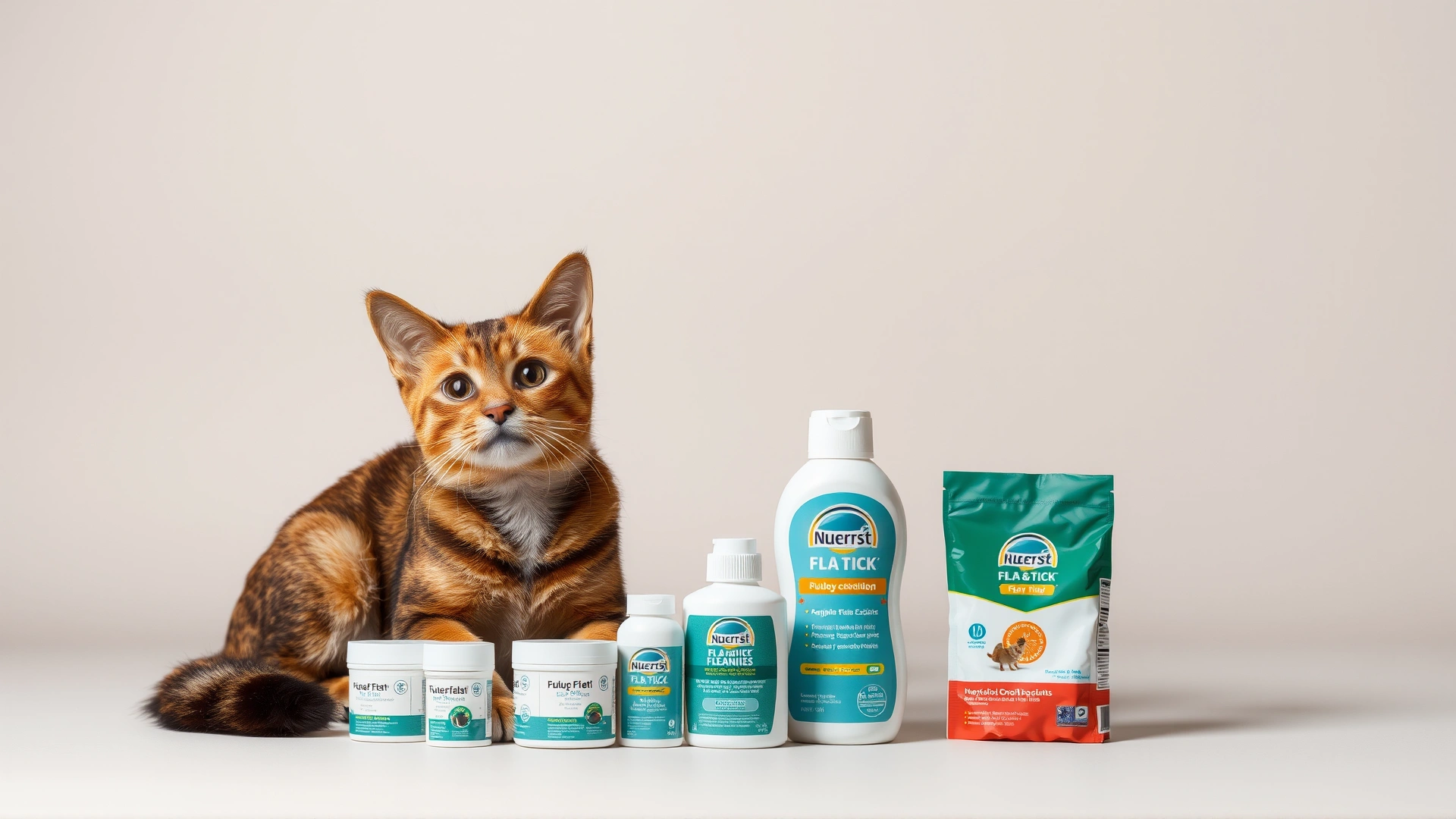 Wide shot of a cat and a dog sitting side by side with flea and tick products in front of them, neutral studio background, high detail, both animals looking at the camera
