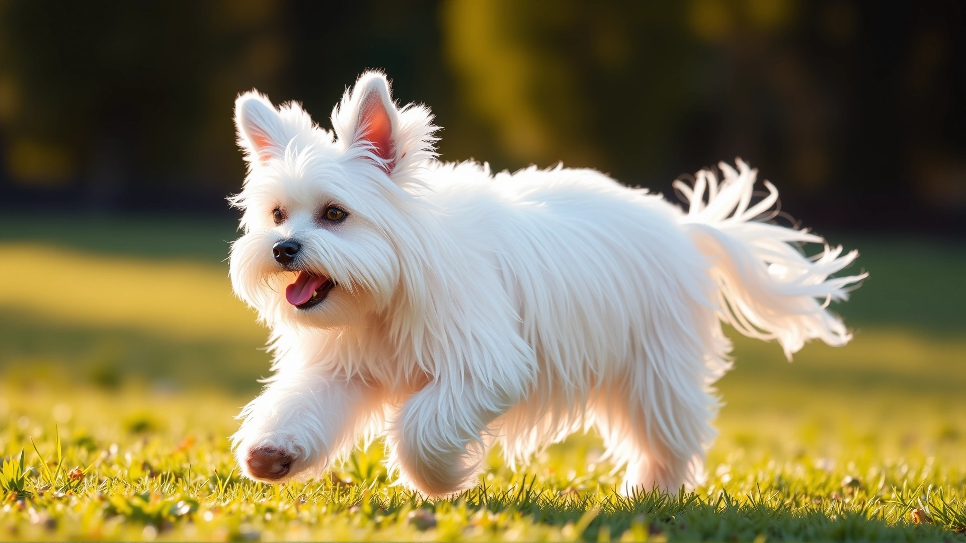 An adult Maltese dog joyfully running across a green lawn under warm morning light, ears flapping and coat flowing.