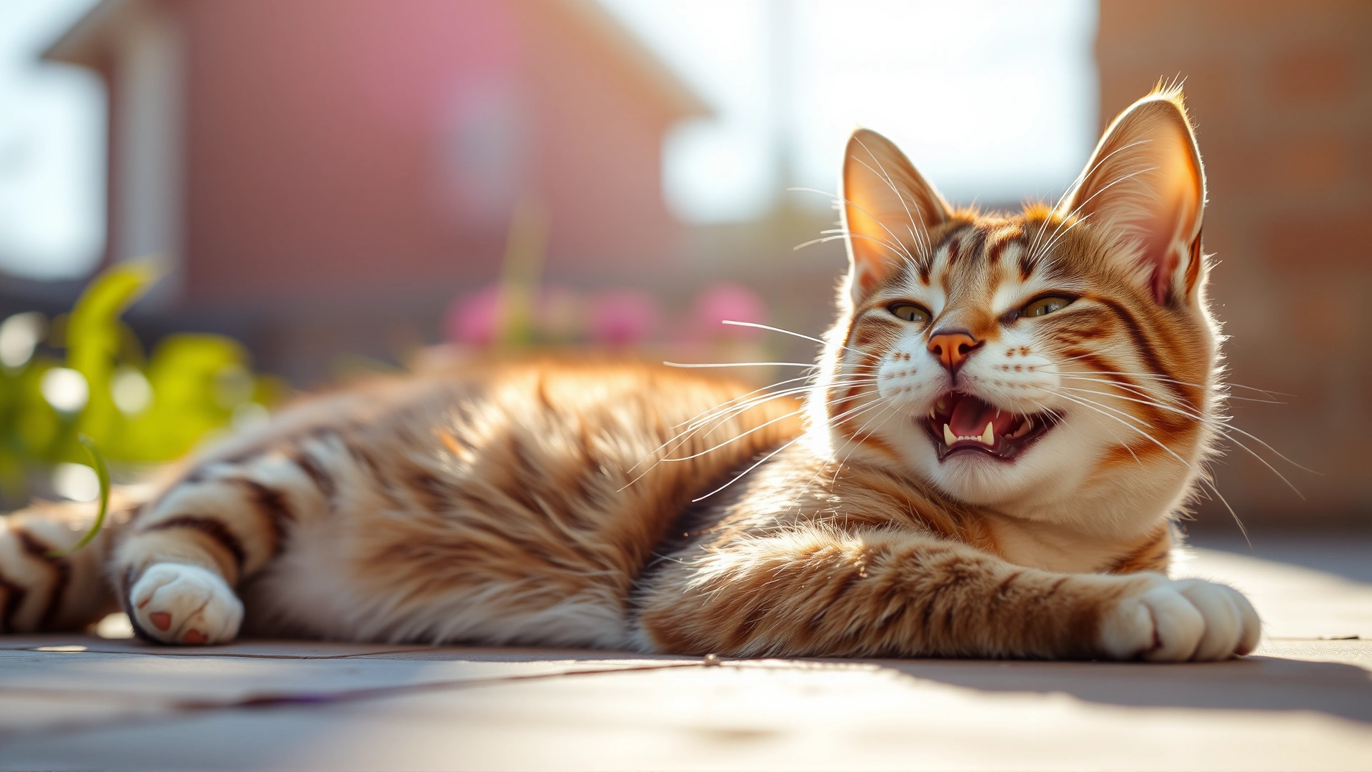 Outdoor shot of a happy cat lounging in sunlight, subtle focus on its fur to imply health and cleanliness, shallow depth of field.