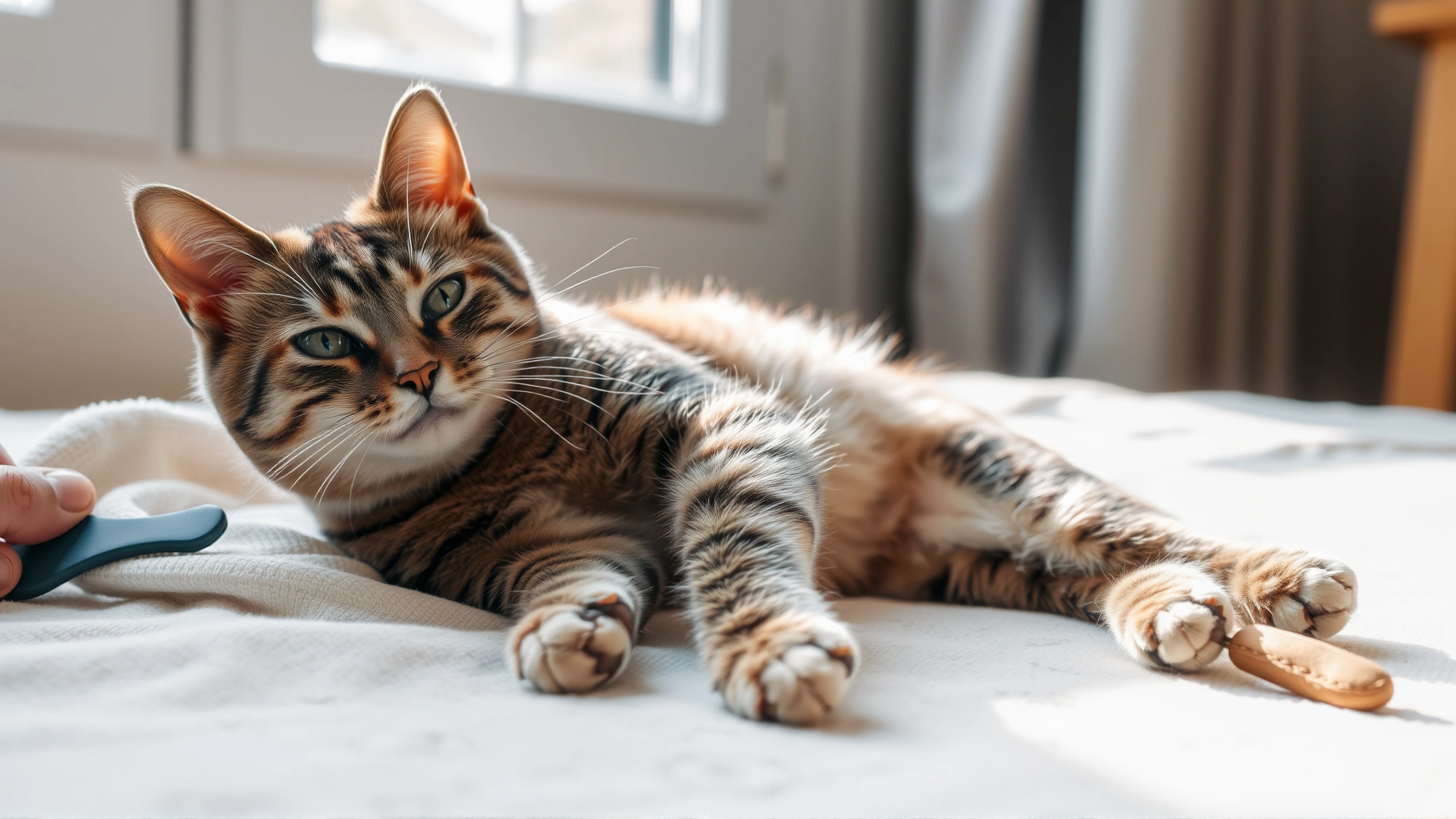 Wide shot of a relaxed domestic short-hair cat lying on a light-colored blanket while its owner holds a flea comb nearby, natural daylight streaming through a window.