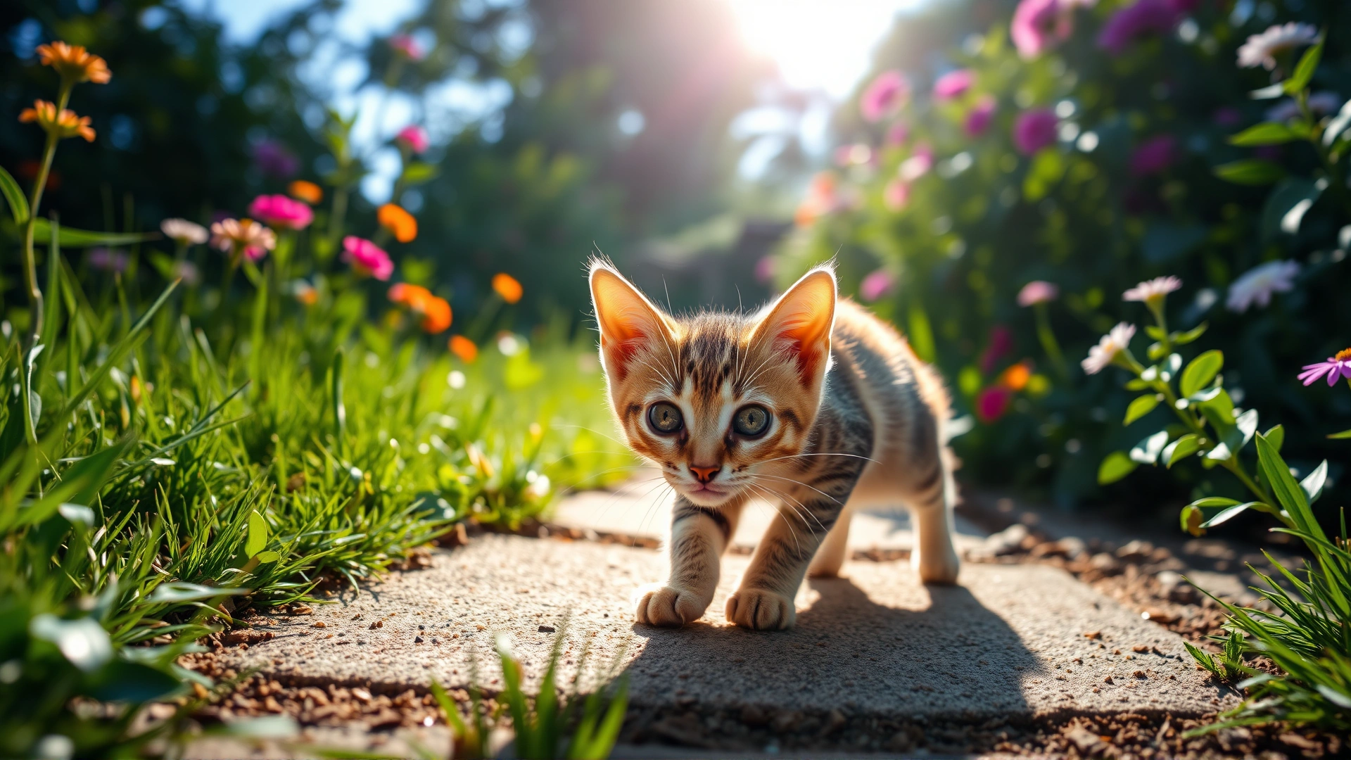 Wide-angle shot of a curious domestic short-haired cat exploring a sunlit garden path, vibrant greenery and flowers in the background, slight bokeh effect, no text