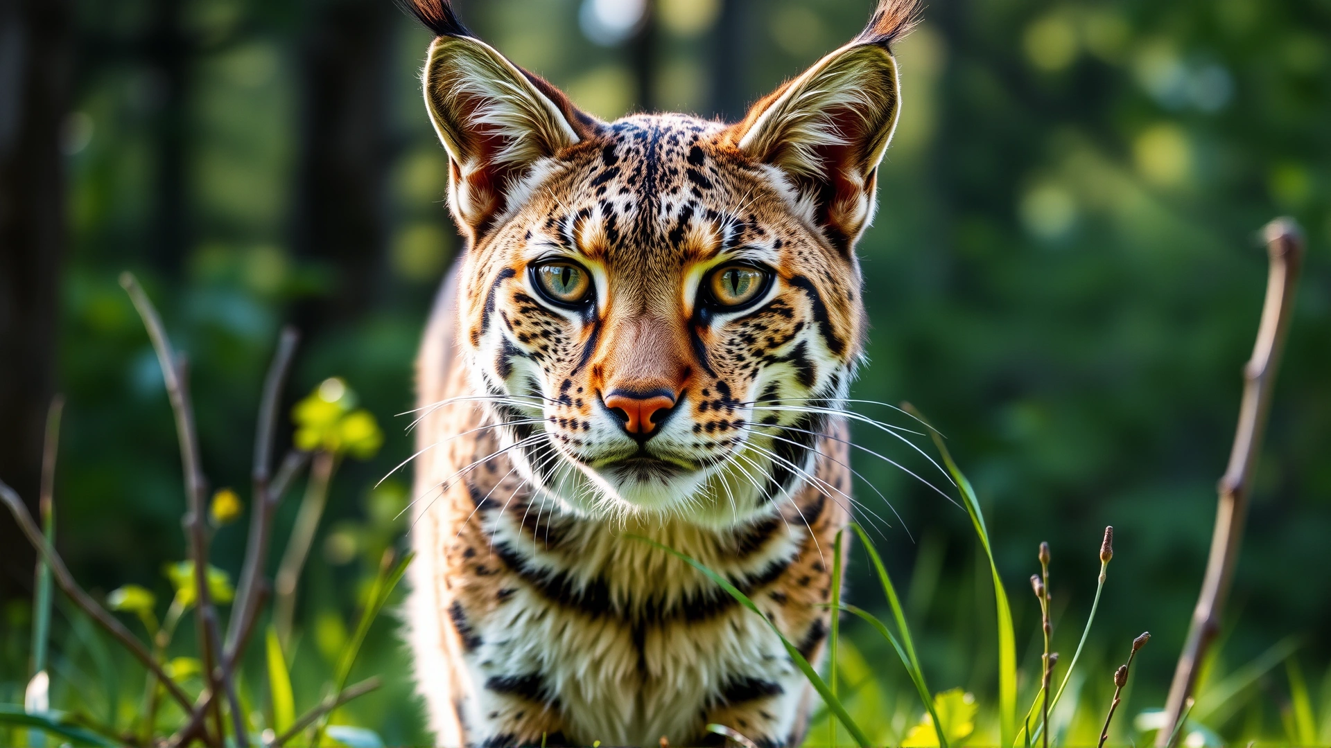 Close-up photograph of a wild bobcat standing alert in a lush green forest, morning light filtering through trees, high resolution, realistic.