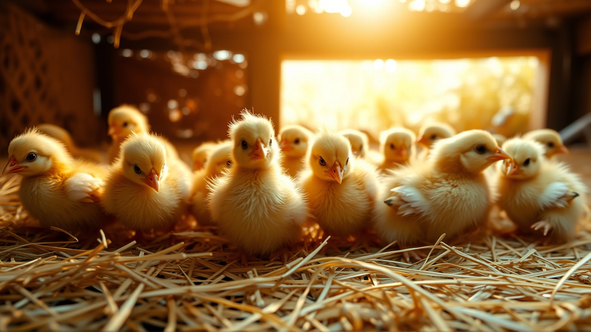 Group of newly hatched chicks exploring straw-covered brooder under gentle morning light, warm color palette, high resolution