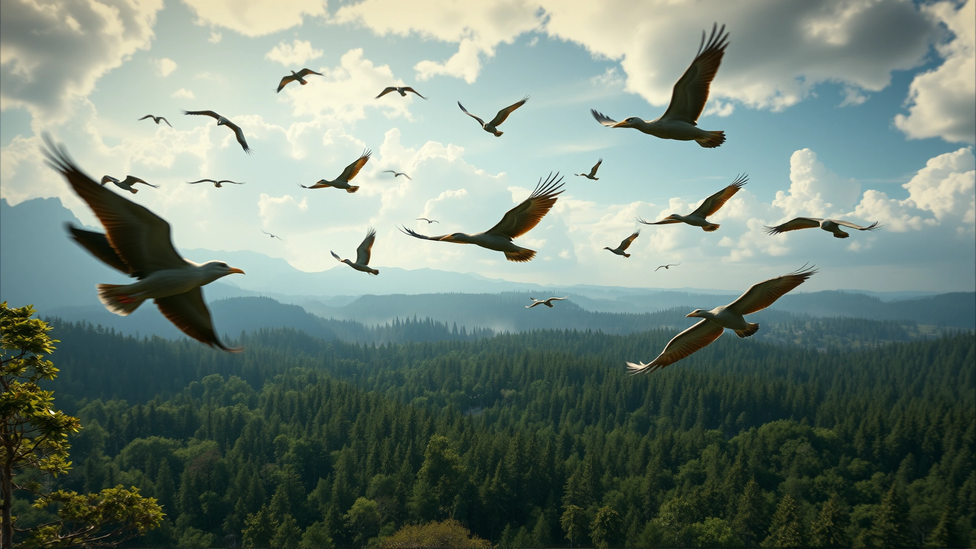 Wide-angle shot of diverse bird species in flight over a prehistoric landscape fading into a present-day forest, blending the past and present theme, cinematic lighting