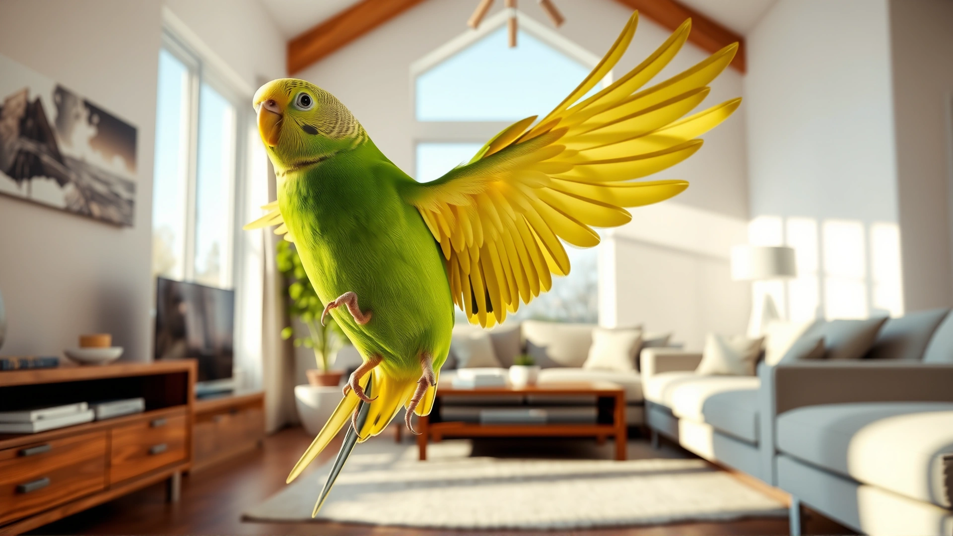 Wide horizontal shot of a green and yellow budgie spreading its wings inside a modern living room, with soft natural light filtering through the window