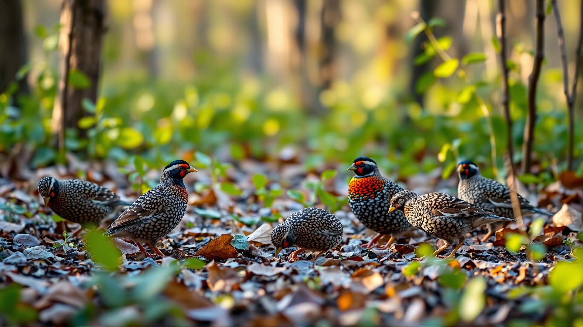 A lively group of colorful button quails foraging on leafy forest floor in soft morning light, panoramic composition, no text