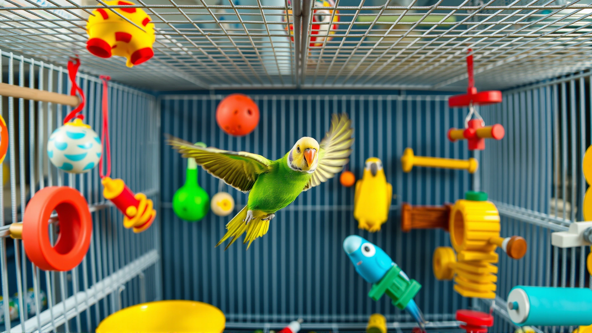 Wide shot of a spacious bird cage filled with various safe toys, with a parakeet in mid-flight, vibrant and well-lit