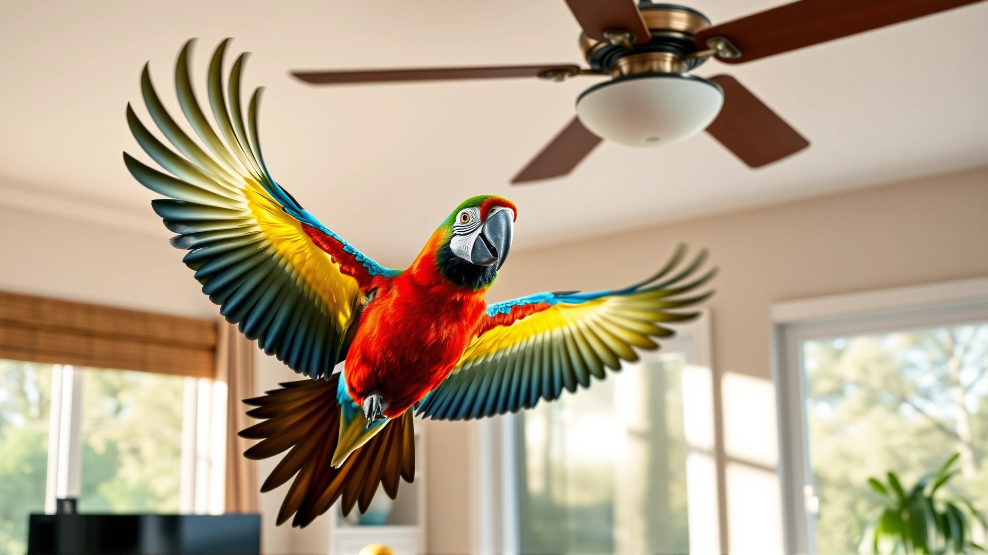 A vibrant macaw flying freely inside a well-lit living room with bird-safe features such as window decals and no ceiling fan blades in motion.