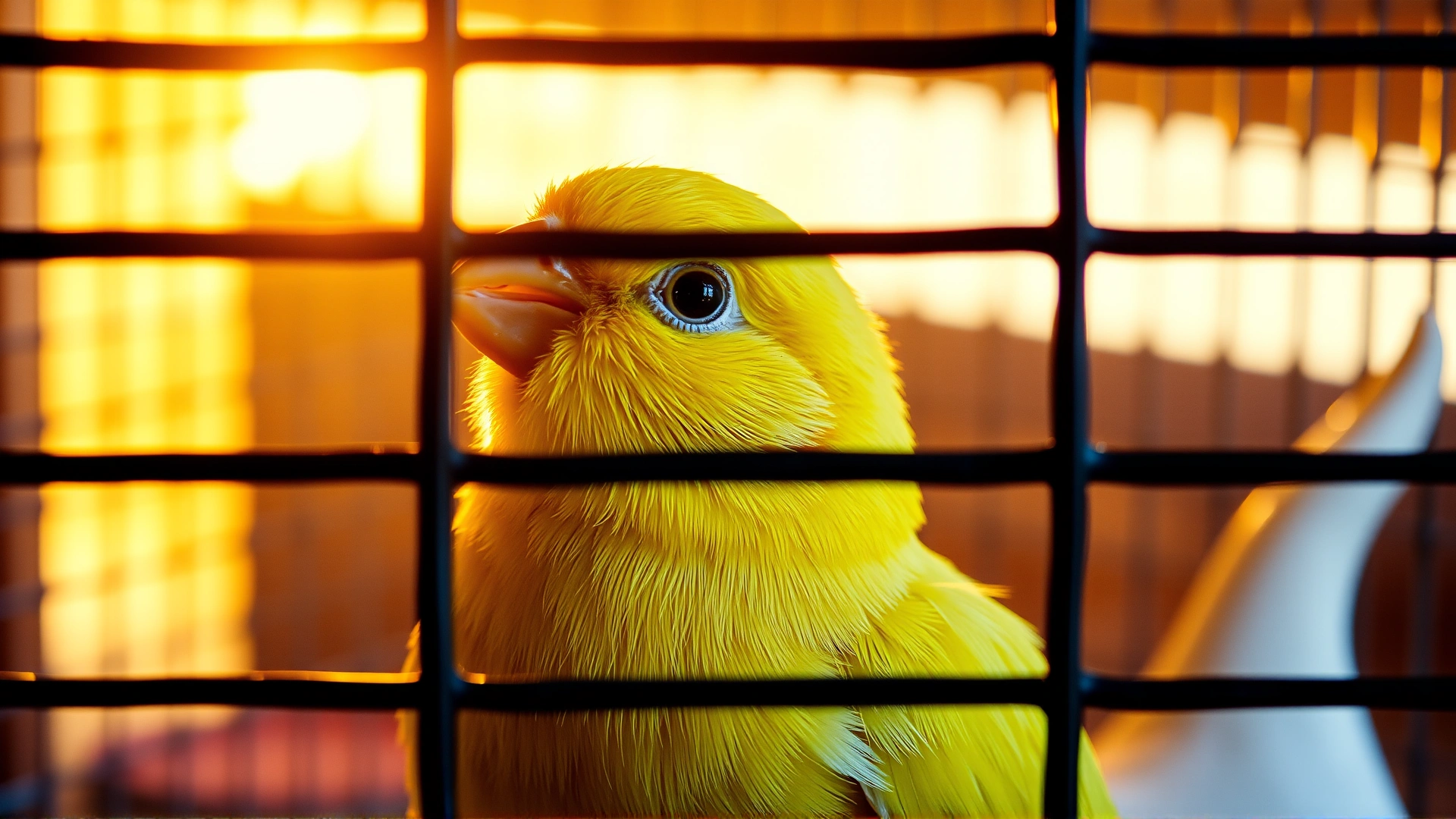 Close-up of a yellow canary inside a sun-lit cage, with warm light streaming through the bars creating a cozy atmosphere.