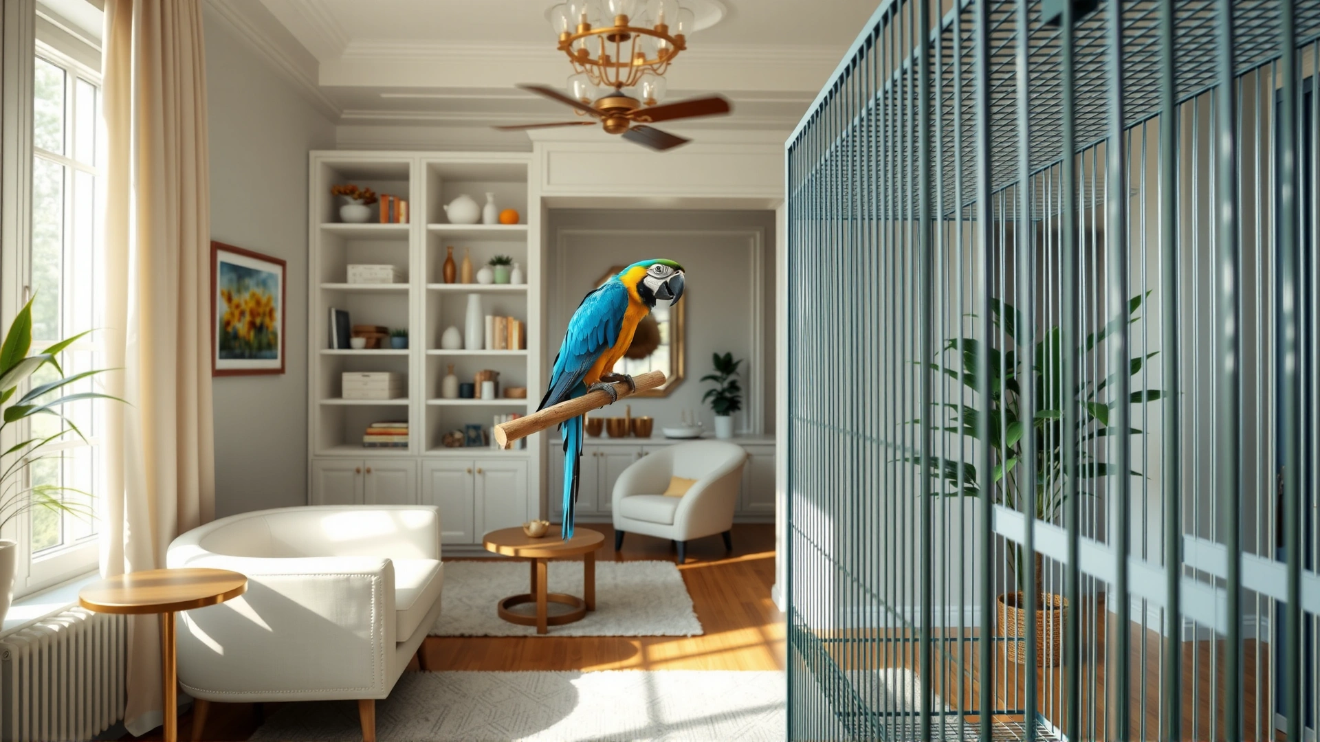 Wide-angle shot of a stylish, well-lit home interior with a large clean bird cage containing a happy blue-and-gold macaw; emphasis on spaciousness and cleanliness.