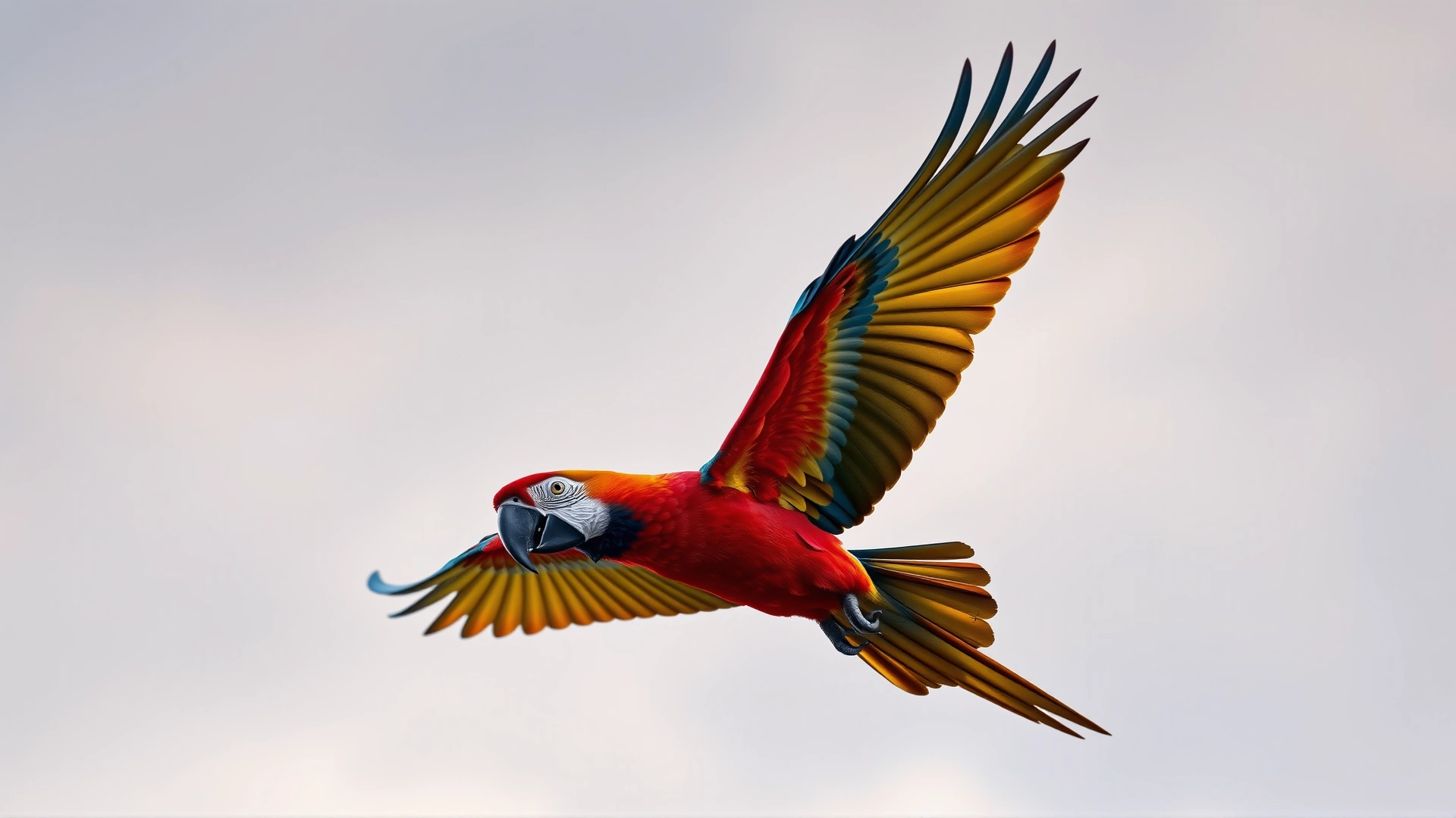 Wide-angle shot of a vibrant macaw in mid-flight against a soft sky background, symbolizing vitality and freedom