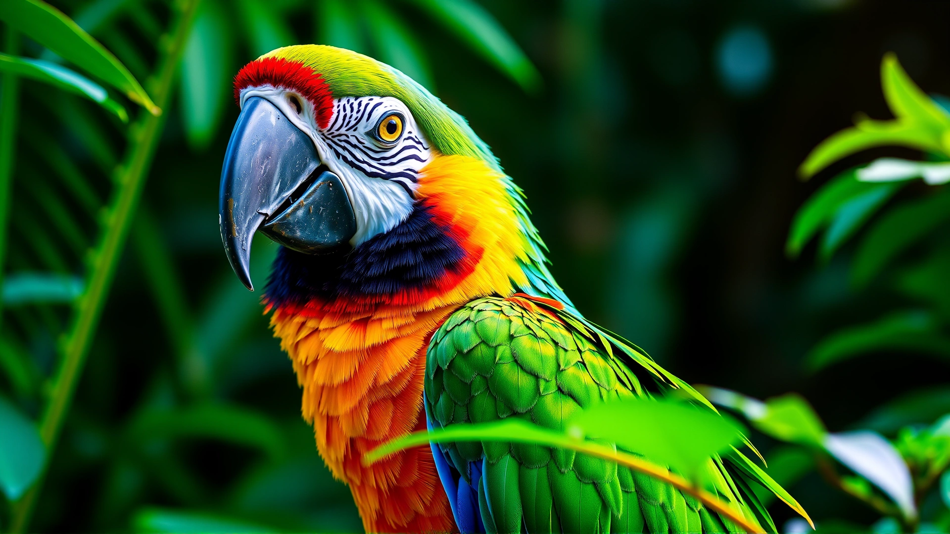Brightly lit portrait of a colorful macaw in a lush green environment, showcasing the bird’s vivid feathers, no text