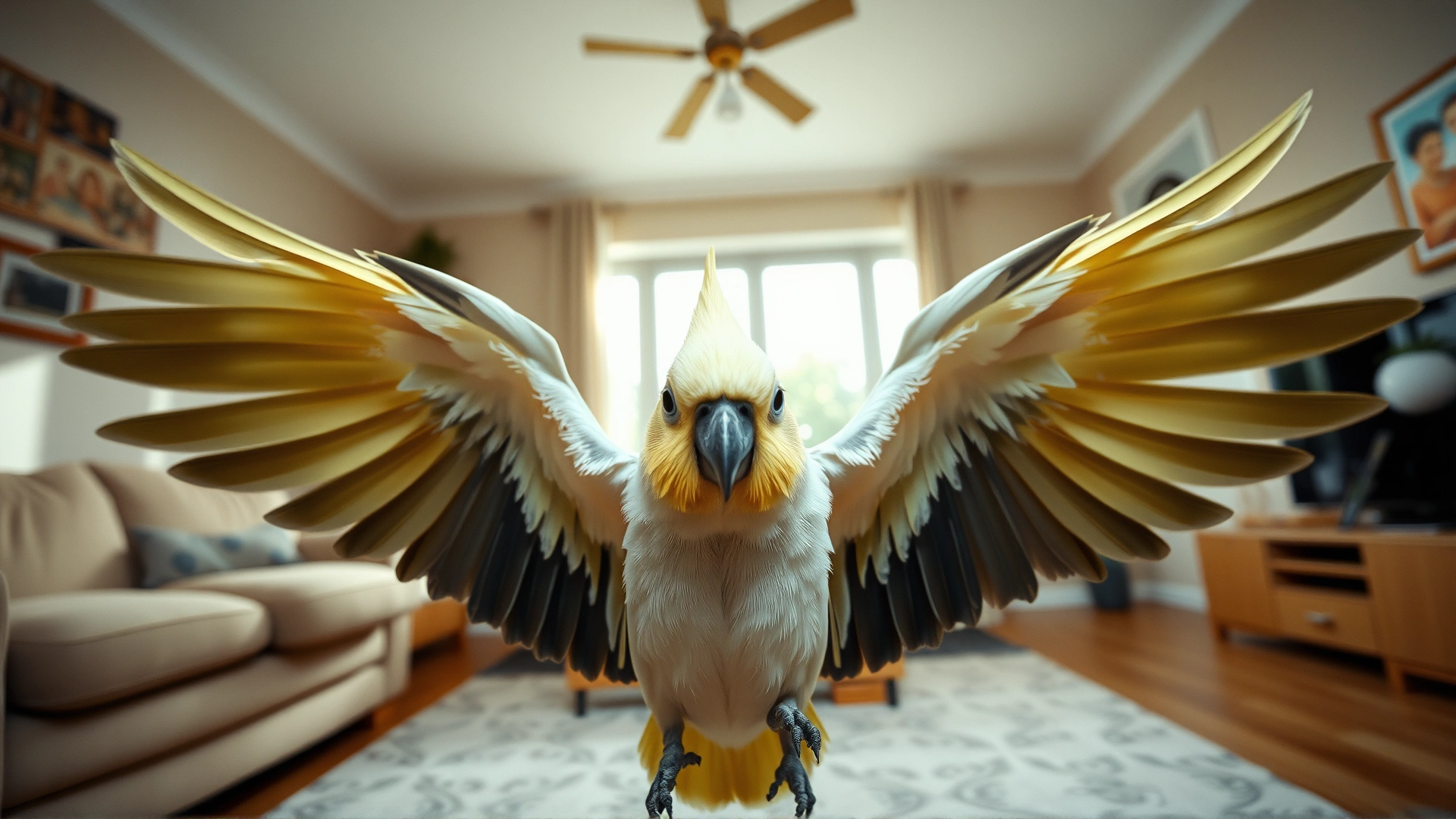 Wide-angle shot of a happy cockatiel spreading its wings inside a bright living room setting, capturing a welcoming atmosphere