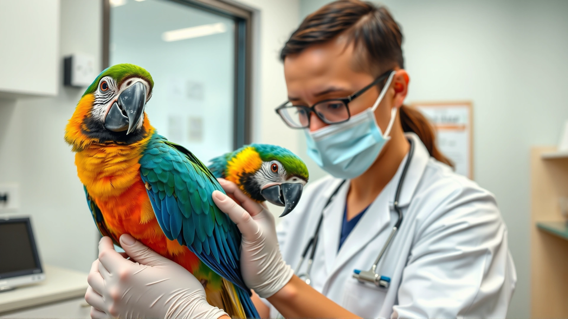 Colorful parrot being gently examined by an avian veterinarian in a bright, modern clinic setting, conveys professional care