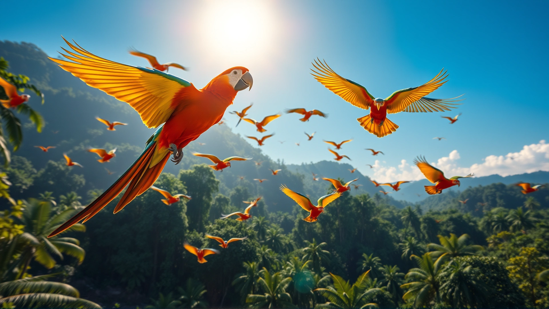 Colorful flock of parrots flying freely over a lush tropical rainforest under bright sunlight, symbolizing avian vitality and freedom