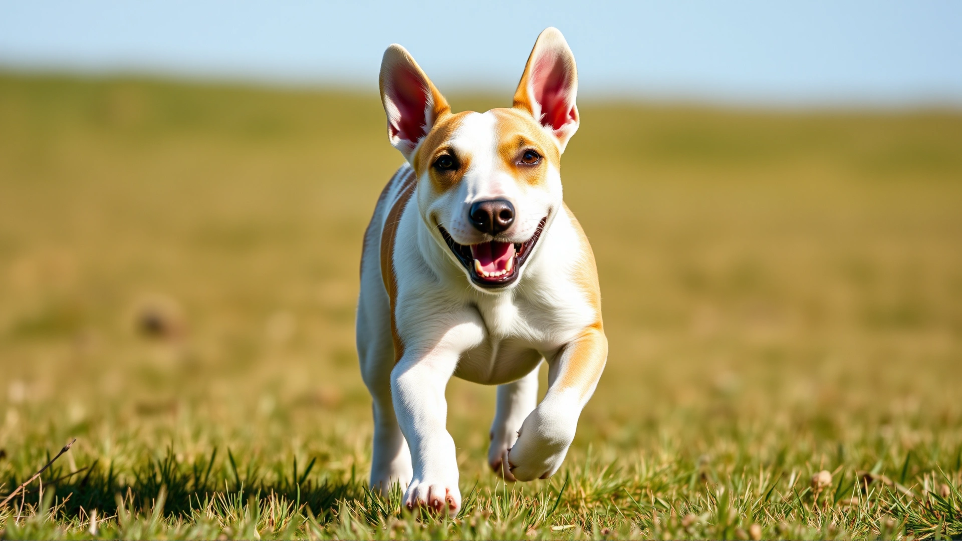 Playful Miniature Bull Terrier running toward the camera across a grassy field on a bright spring day, high-resolution, no text